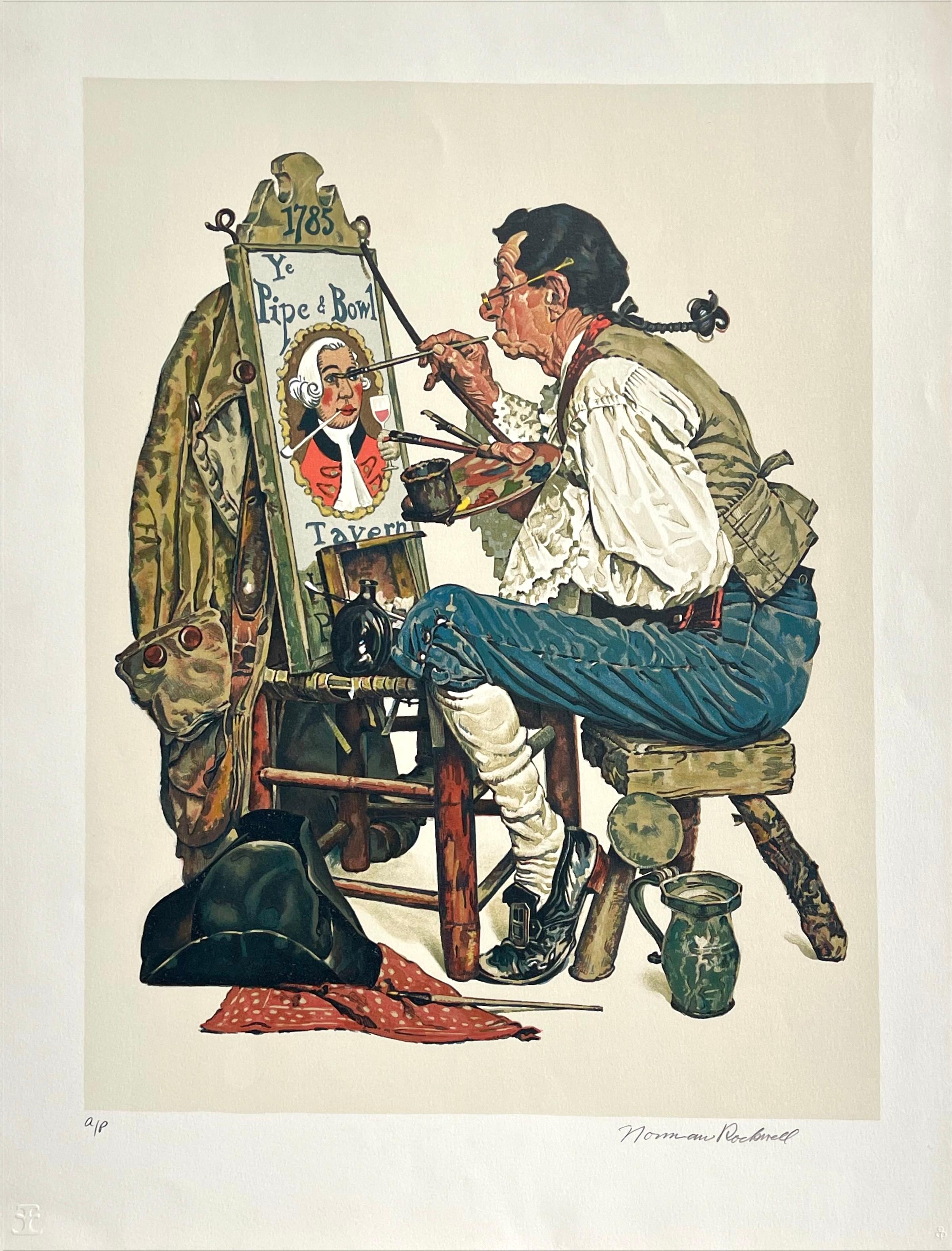 Portrait Print Norman Rockwell - Lithographie signée Colonial Sign Painter, American Illustration