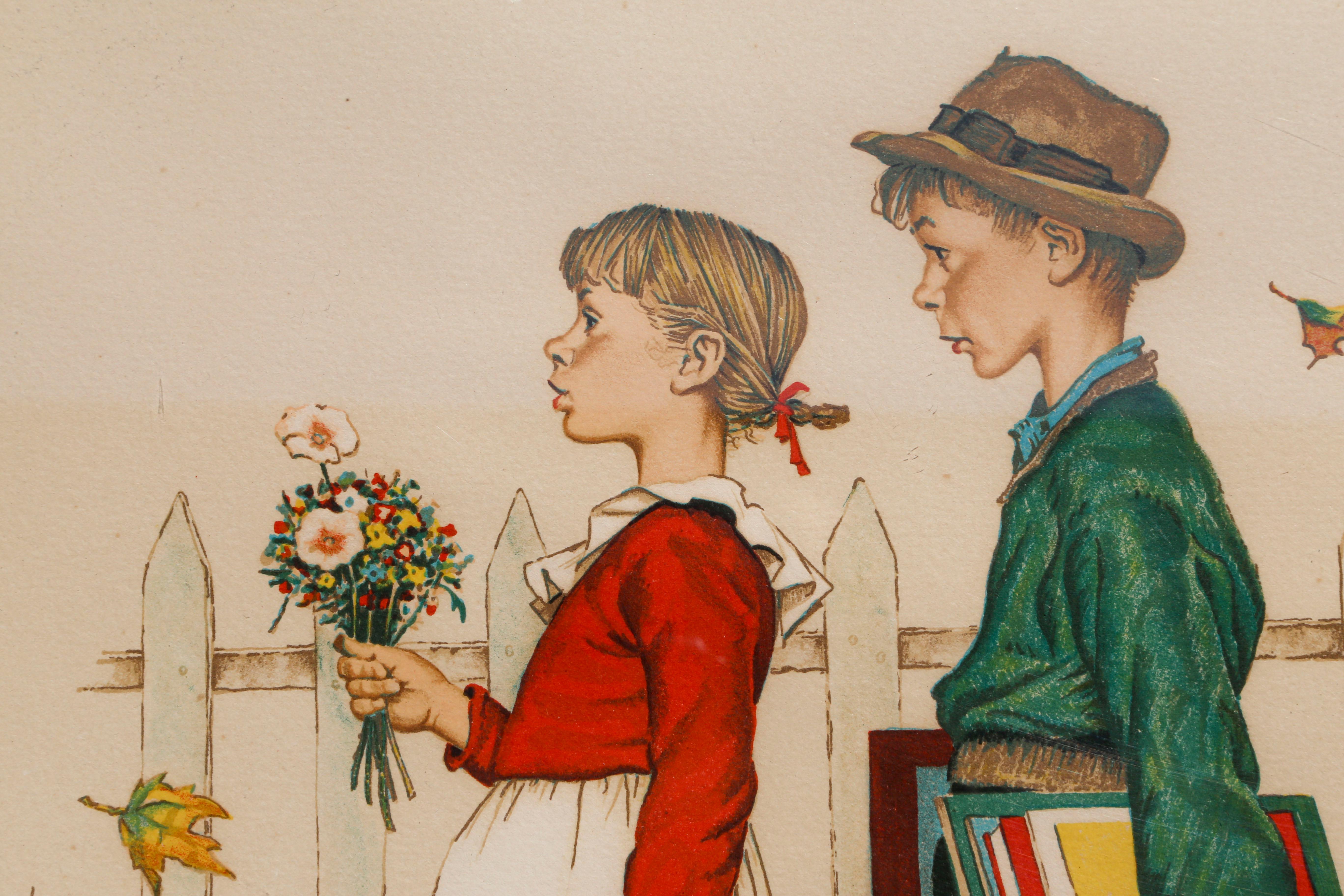 Giovane amore che va a scuola, litografia firmata di Norman Rockwell in vendita 1