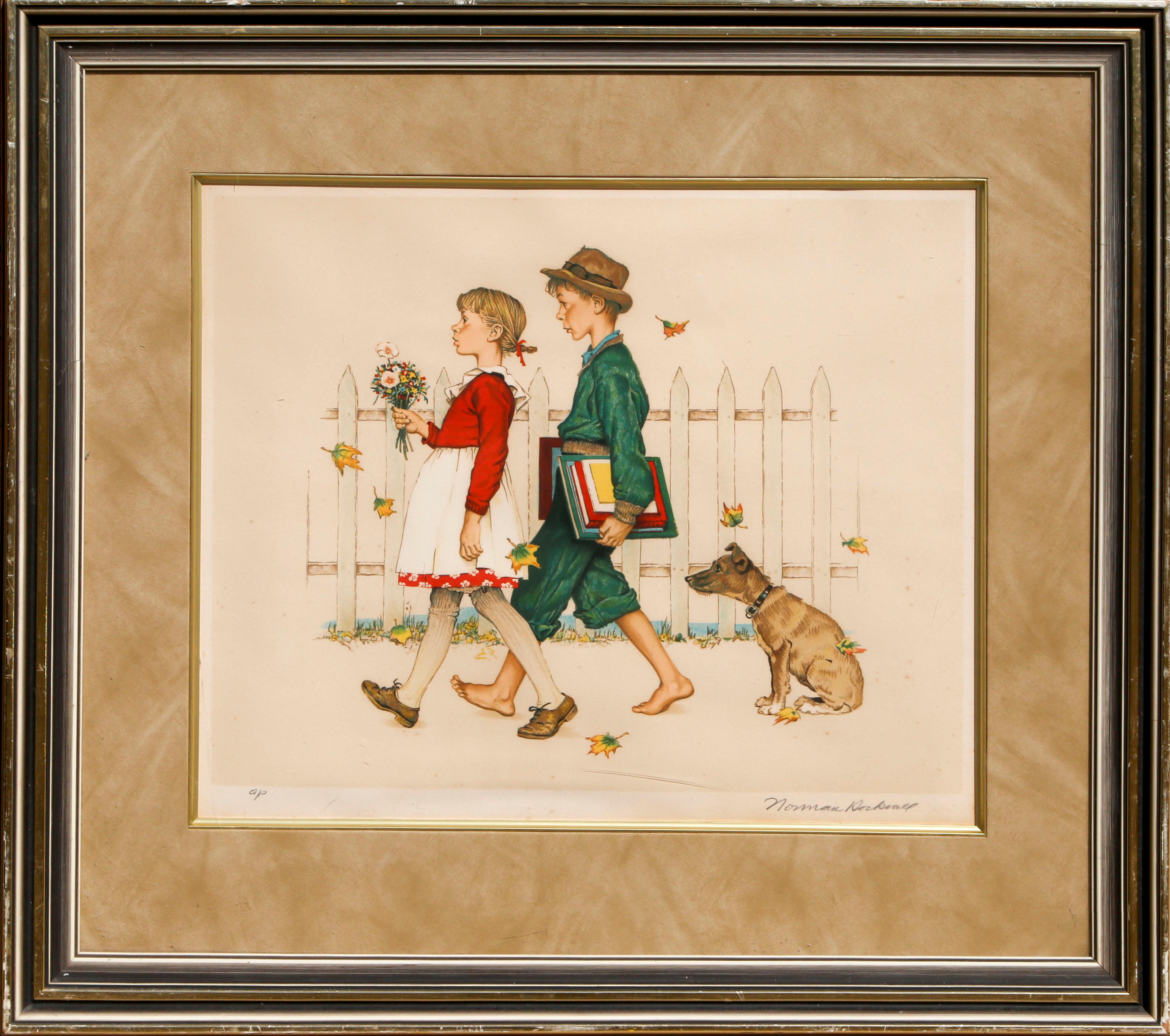 Amor joven caminando a la escuela, litografía firmada por Norman Rockwell
