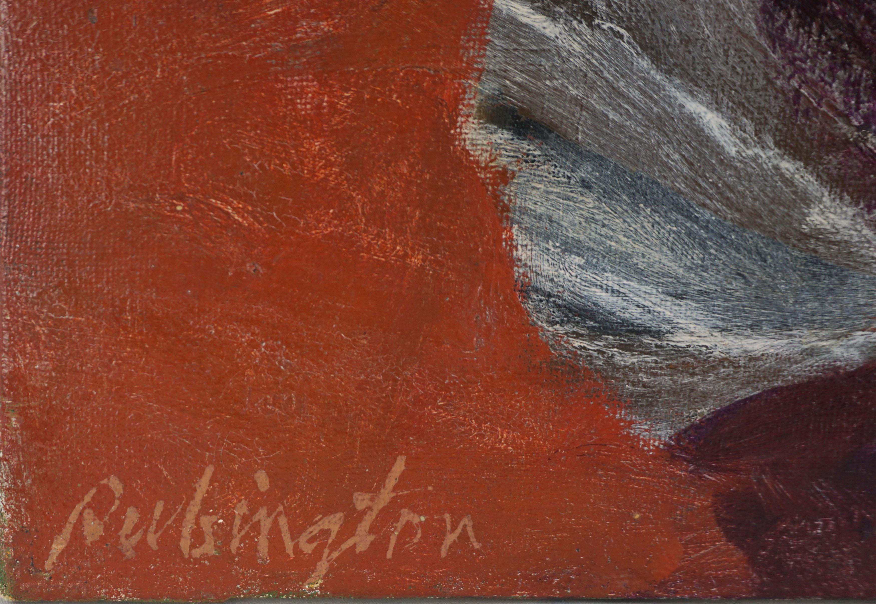 Wunderschönes abstraktes expressionistisches Gemälde eines Gitarristen, gemalt von Norman Rubington (Amerikaner, 1921 - 1991) während eines Aufenthalts in Rom im Jahr 1952. Signiert unten links und verso. Verso datiert 