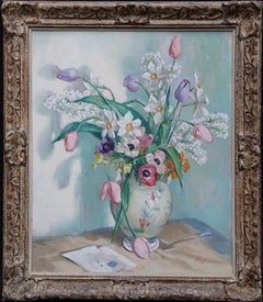 Spring Birthday - Scottish art 50's floral still life oil painting tulips lilac