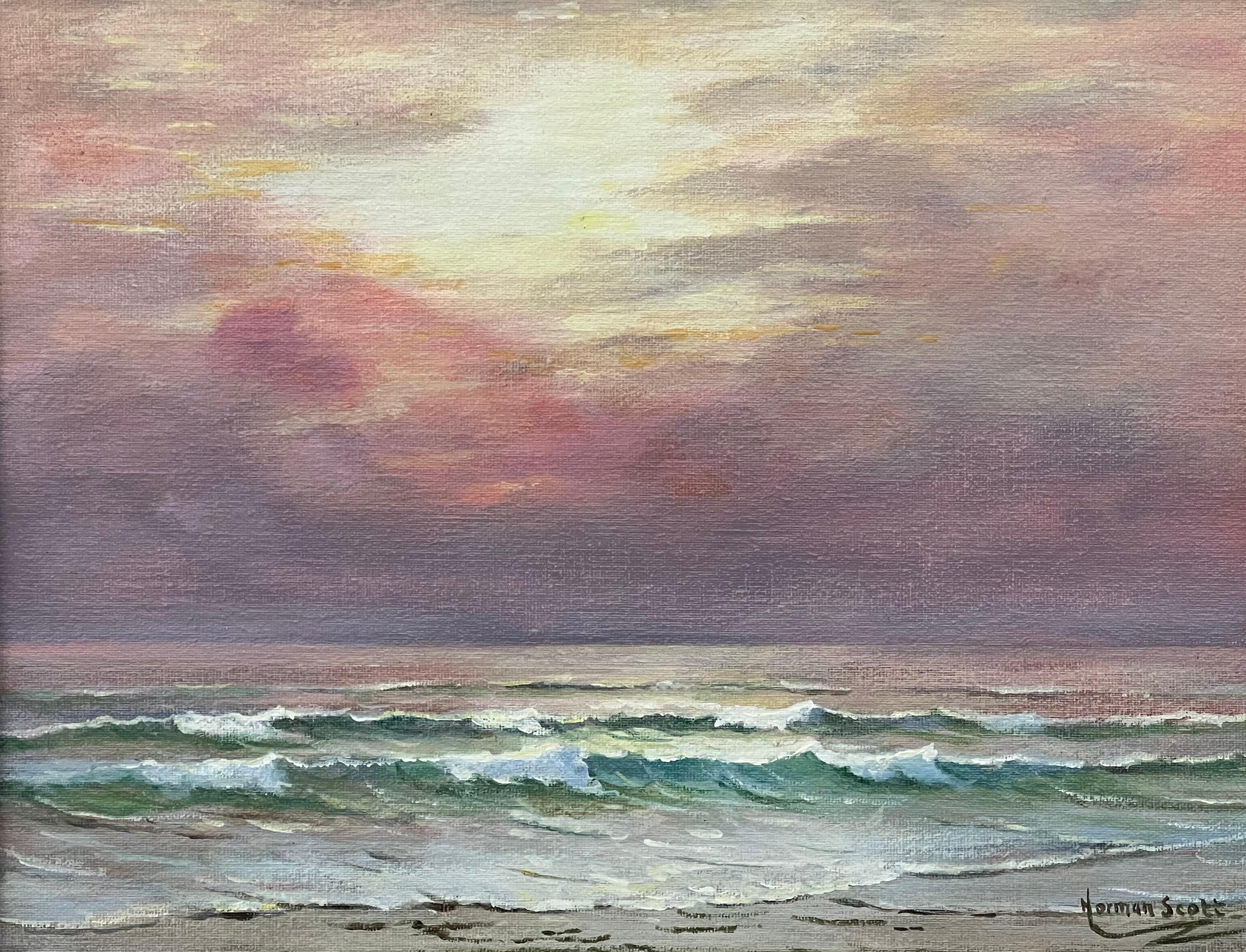 Dawn Seascape, Gemälde mit rosa Himmel und Wellen von britischem Künstler des 20. Jahrhunderts – Painting von Norman Scott