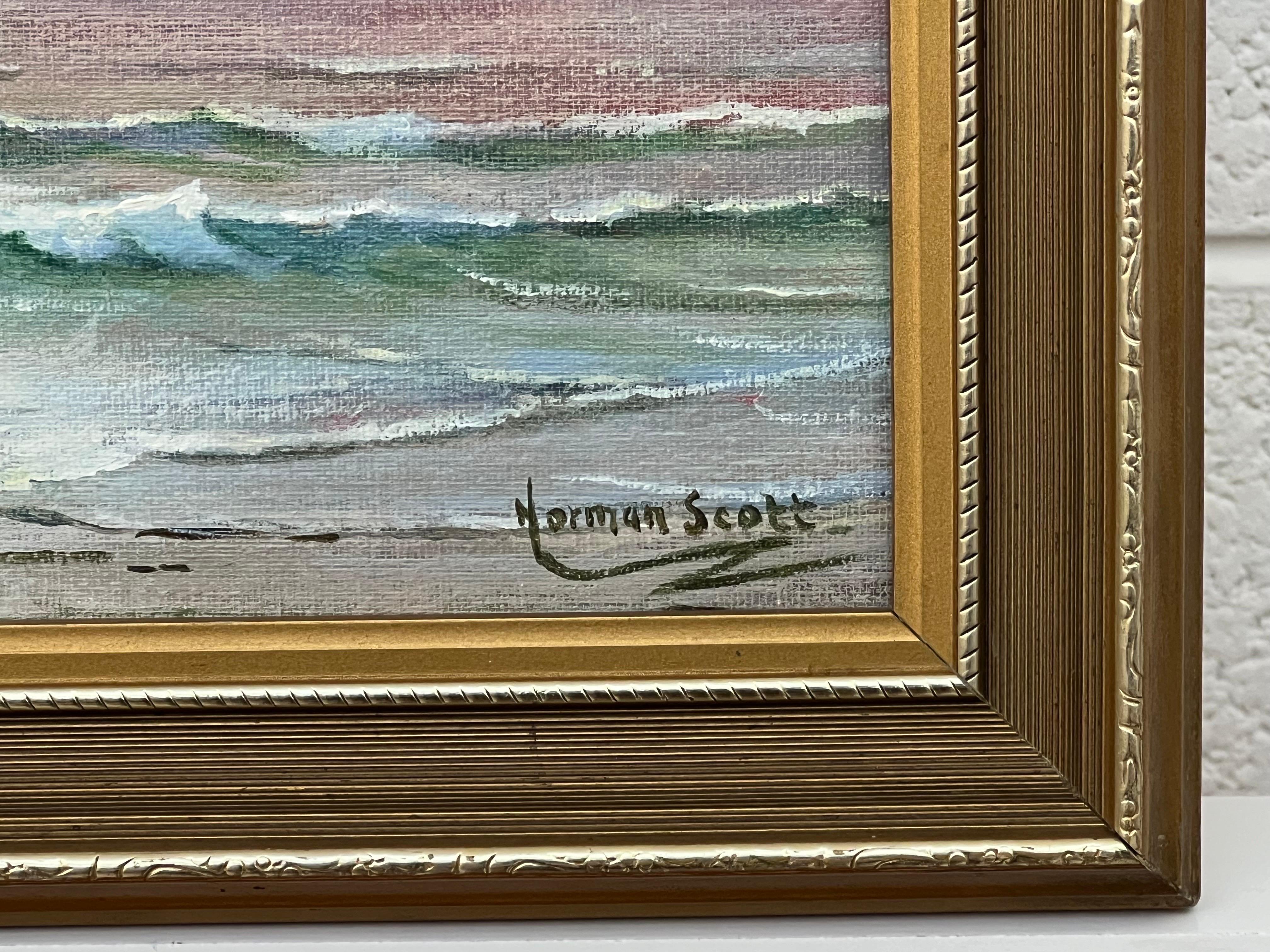 Pintura de paisaje marino al amanecer con cielo rosa y olas por un artista británico del siglo XX - Painting Escuela inglesa de Norman Scott