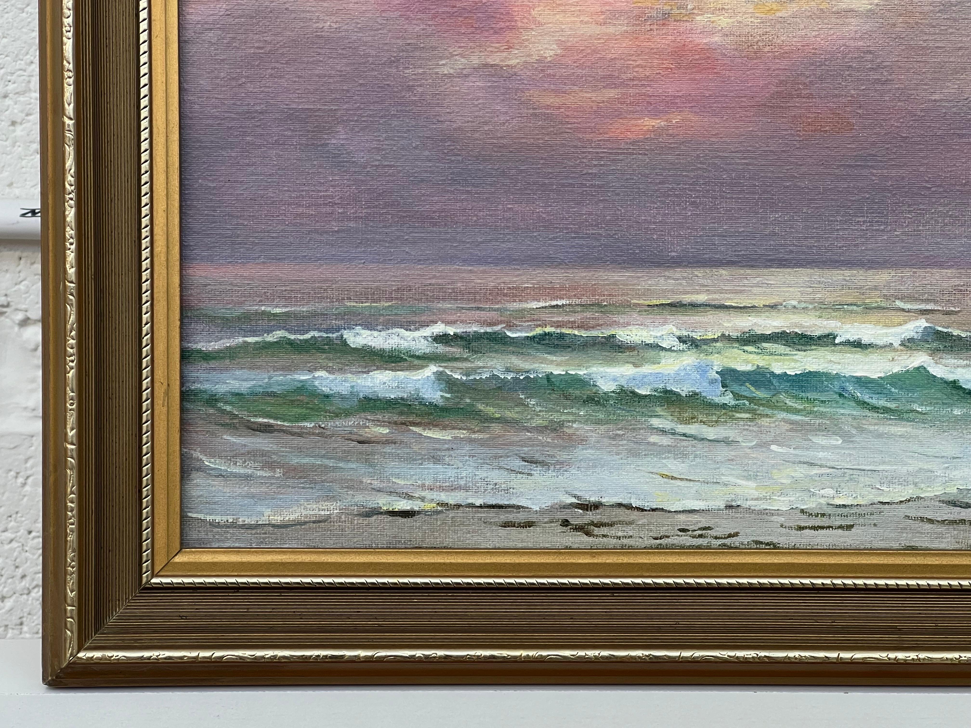 Dawn Seascape Painting with Pink Sky and Waves by 20th Century British Artist, Norman Scott

Art measures 16 x 12 inches 
Frame measures 18 x 14 inches 

Vintage Original Oil on Board using a pastel colour palette of light blue, white, pink, lilac &