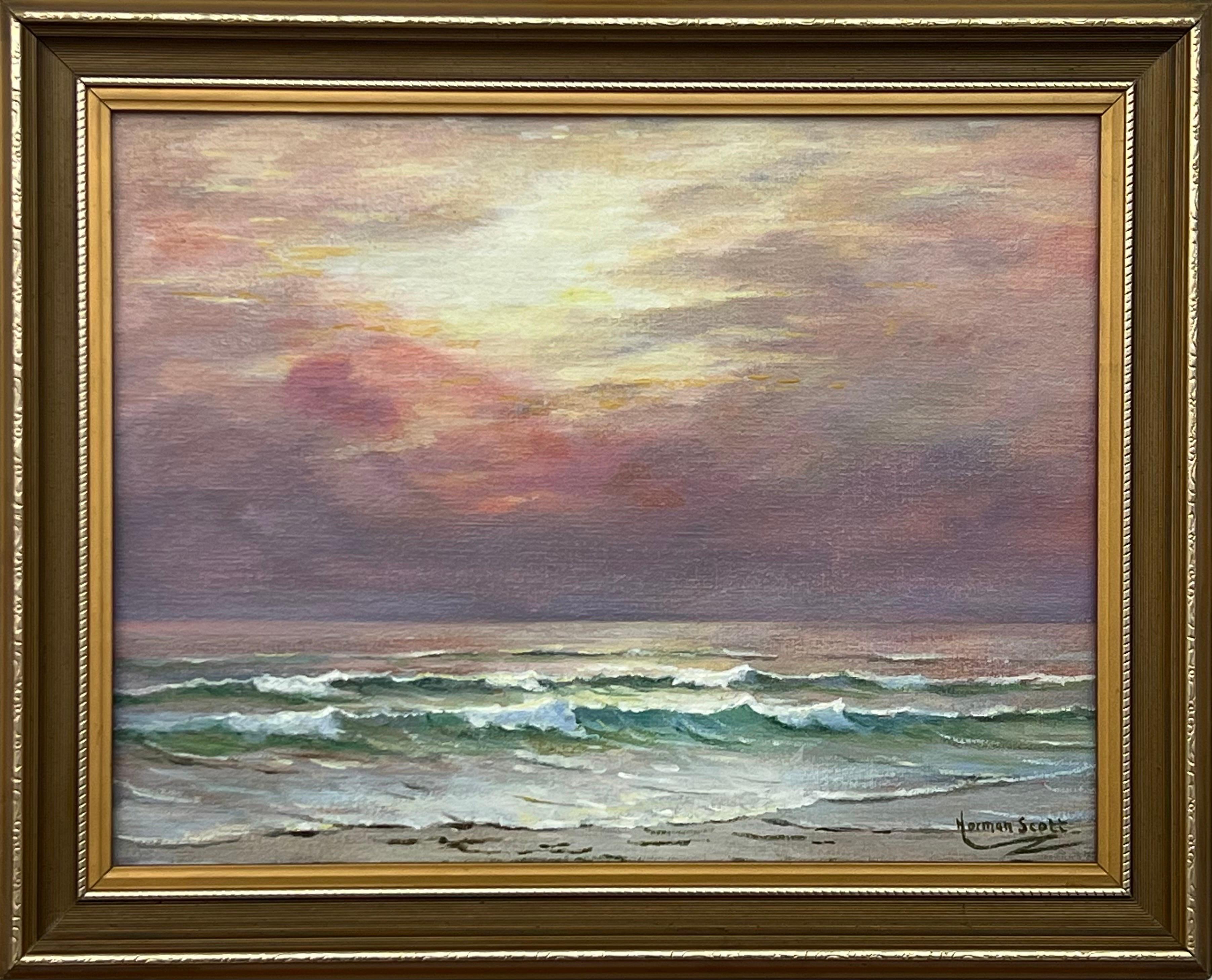 Peinture de paysage marin à l'aube avec ciel rose et vagues par un artiste britannique du 20e siècle