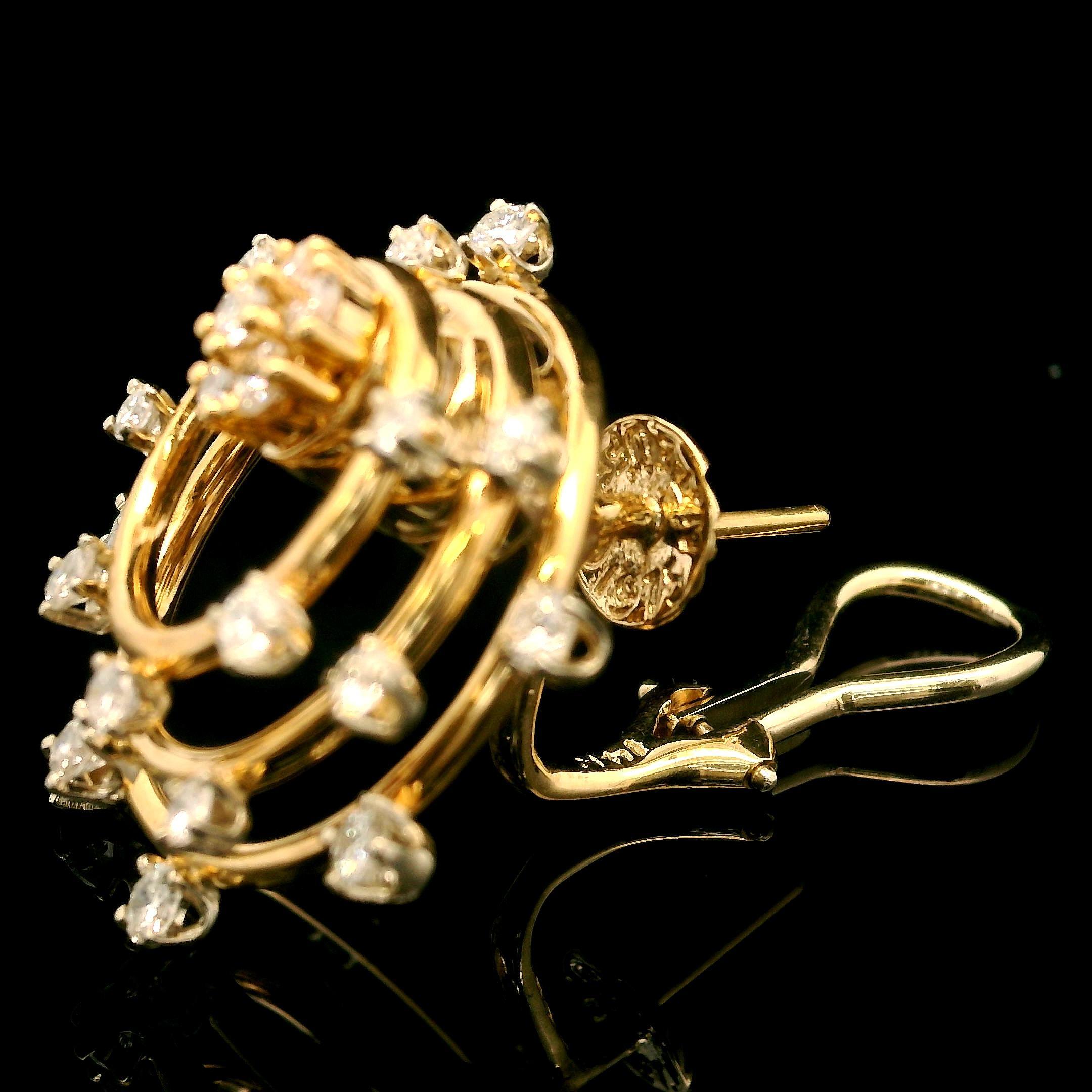 Norman Teufel 14k Yellow Gold 2ct Diamond Circles Motion Spinning Omega Earrings For Sale 1