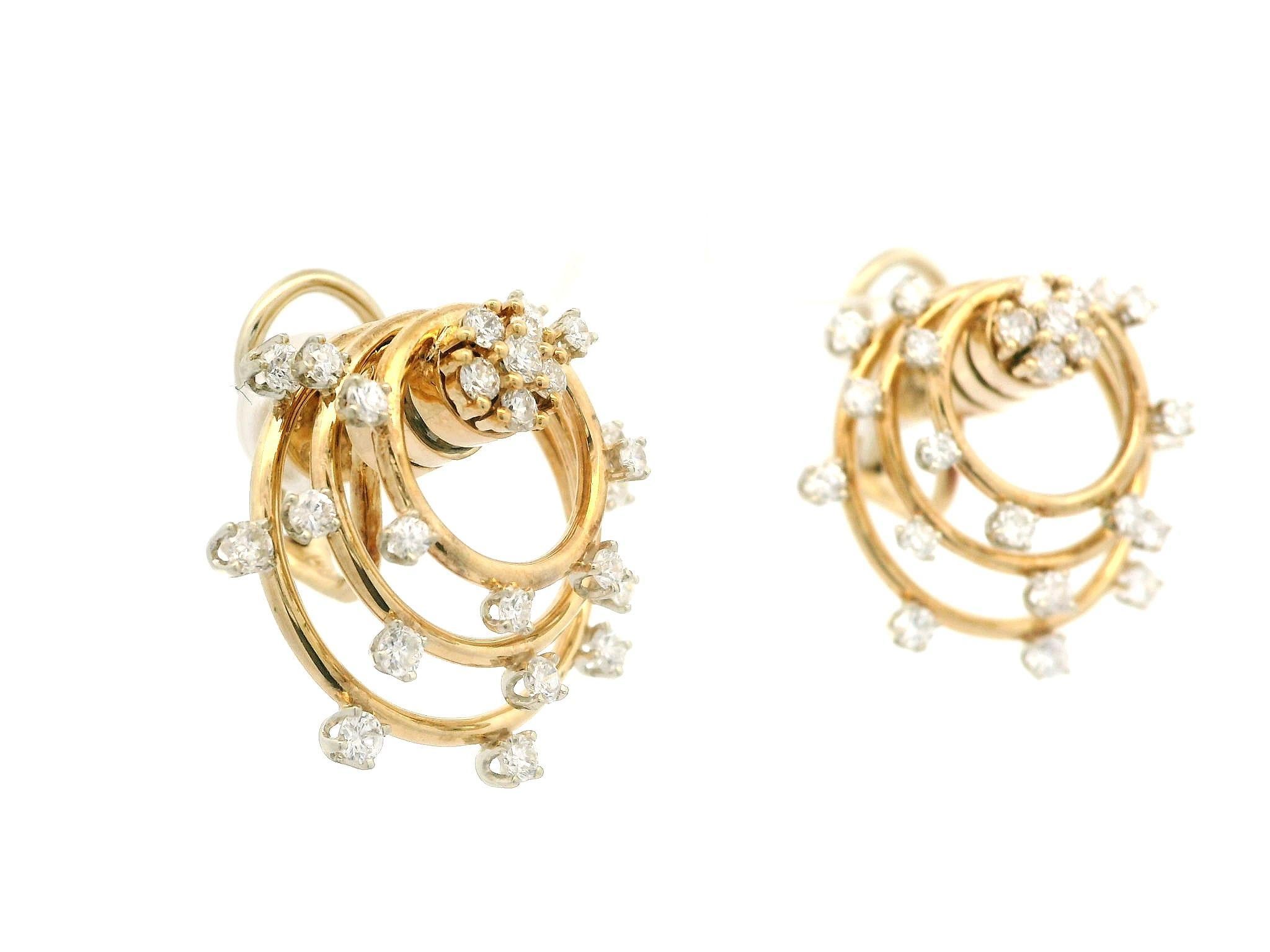 Norman Teufel 14k Yellow Gold 2ct Diamond Circles Motion Spinning Omega Earrings For Sale 2