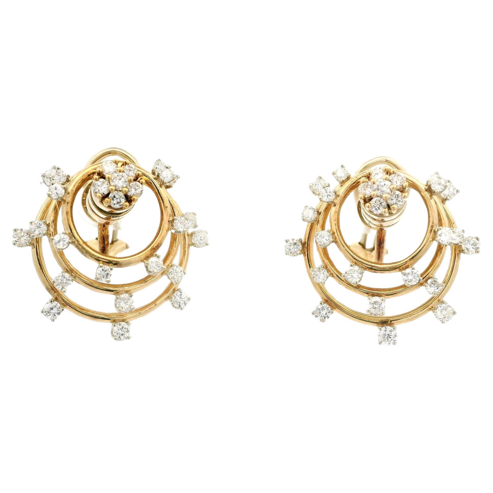 Norman Teufel 14k Yellow Gold 2ct Diamond Circles Motion Spinning Omega Earrings For Sale