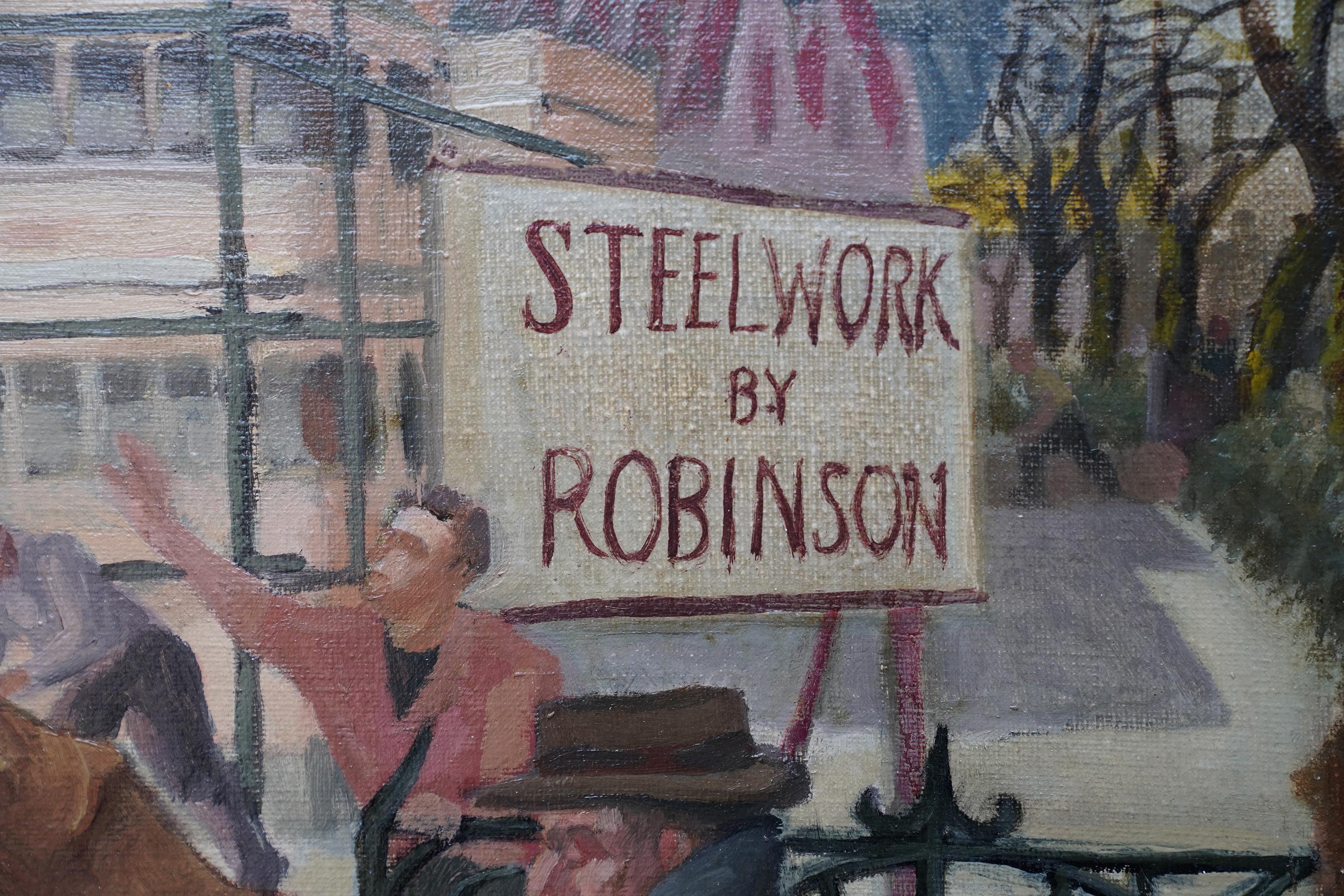 Robinson Steelwork - Construction site London - British Figurative oil painting For Sale 7