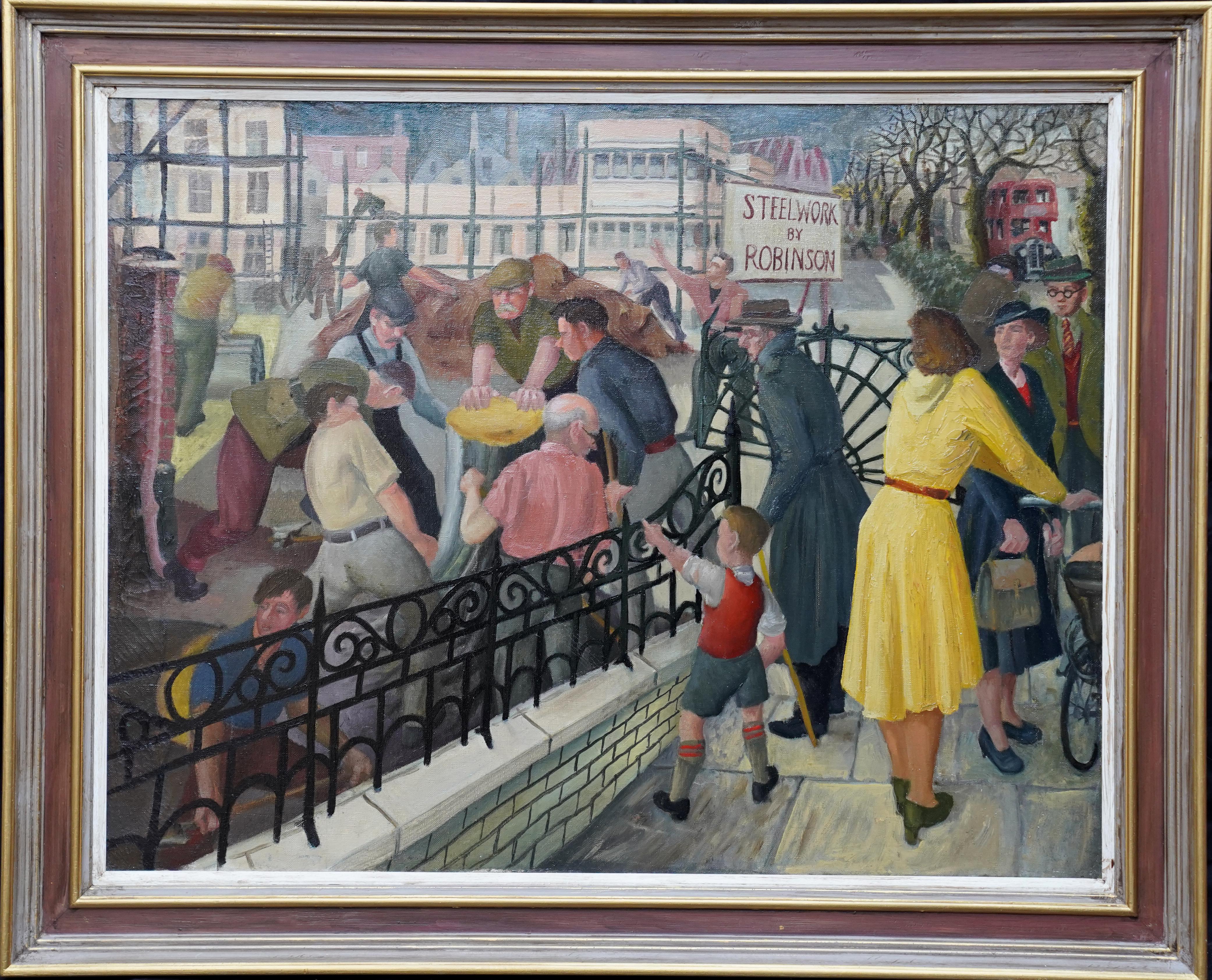 Robinson Steelwork - Construction site London - British Figurative oil painting For Sale 10