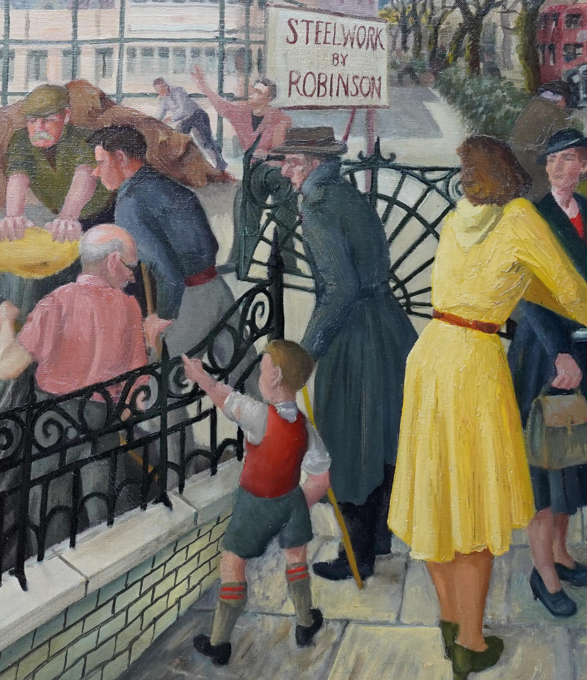 This interesting figurative landscape oil painting is by British artist Norman Toll. He liked to paint well populated scenes with an event or activity as the focus. Painted circa 1955, the composition is a busy London construction site with numerous