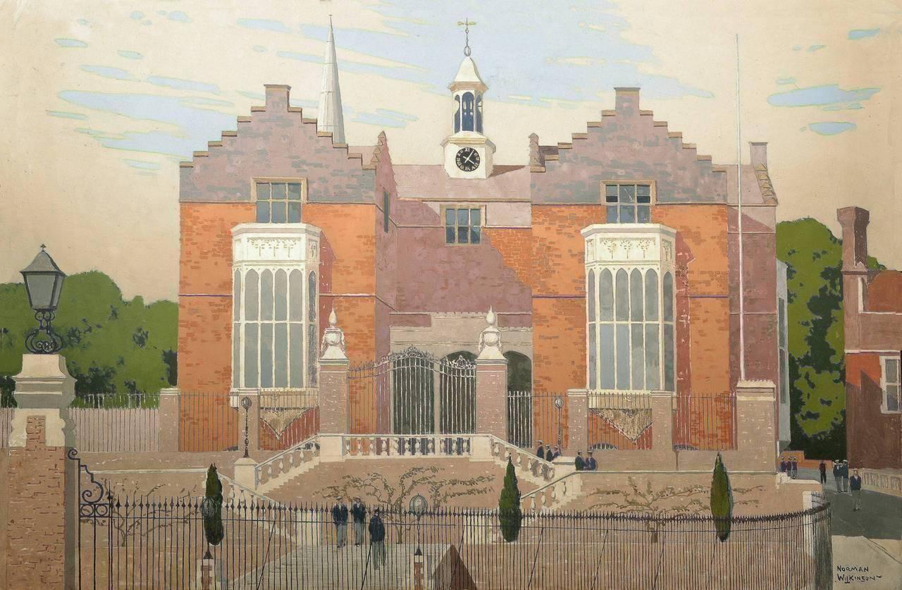 Norman Wilkinson CBE PRI Landscape Painting - HARROW SCHOOL, Art-Deco 20th Century Signed Oil and Gouache