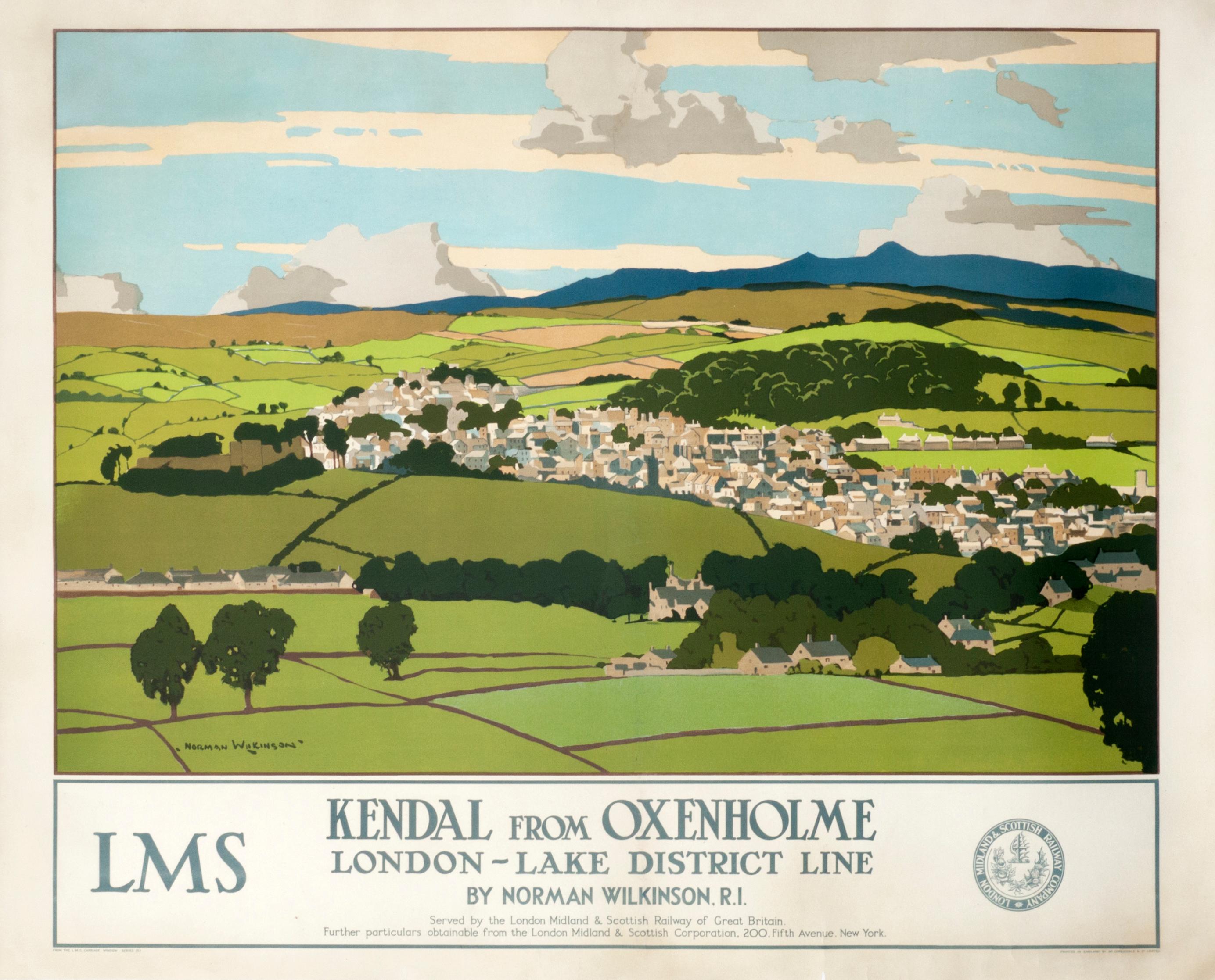 Norman Wilkinson CBE PRI Landscape Print - "Kendal from Oxenholme - LMS" British Rail Landscape Original Vintage Poster