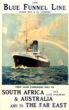 Affiche originale de bateau de croisière Blue Funnel Line pour l'Afrique du Sud et l'Australie d'Extrême-Orient