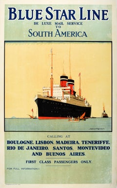 Affiche vintage d'origine Blue Star Line To South America Cruise Ship Travel Art