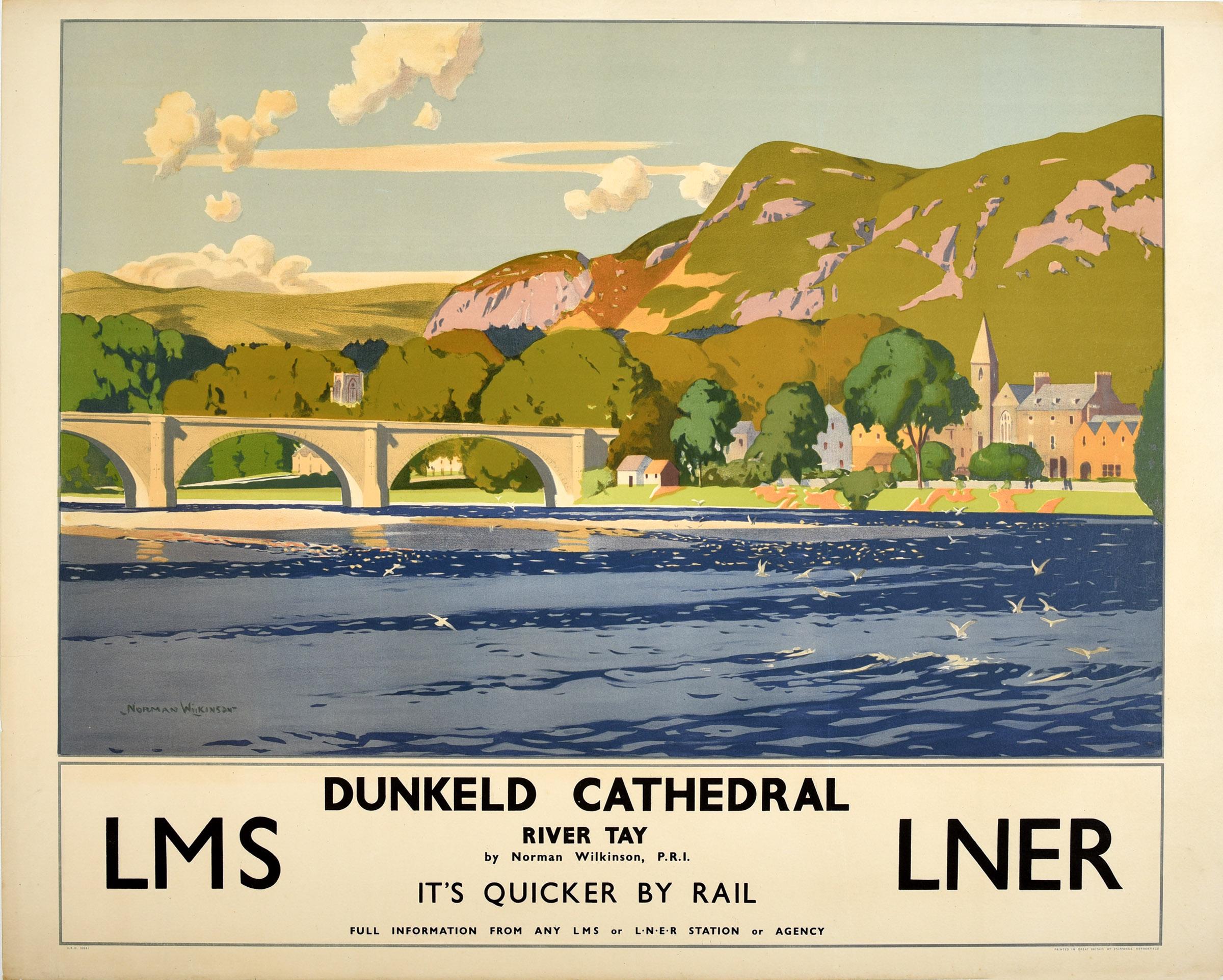 Print Norman Wilkinson CBE PRI - Affiche vintage d'origine Dunkeld Cathedral River Tay LMS LNER Railway Travel Art