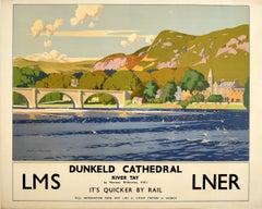 Original Vintage Poster Dunkeld Cathedral River Tay LMS LNER Eisenbahn Reisen Kunst