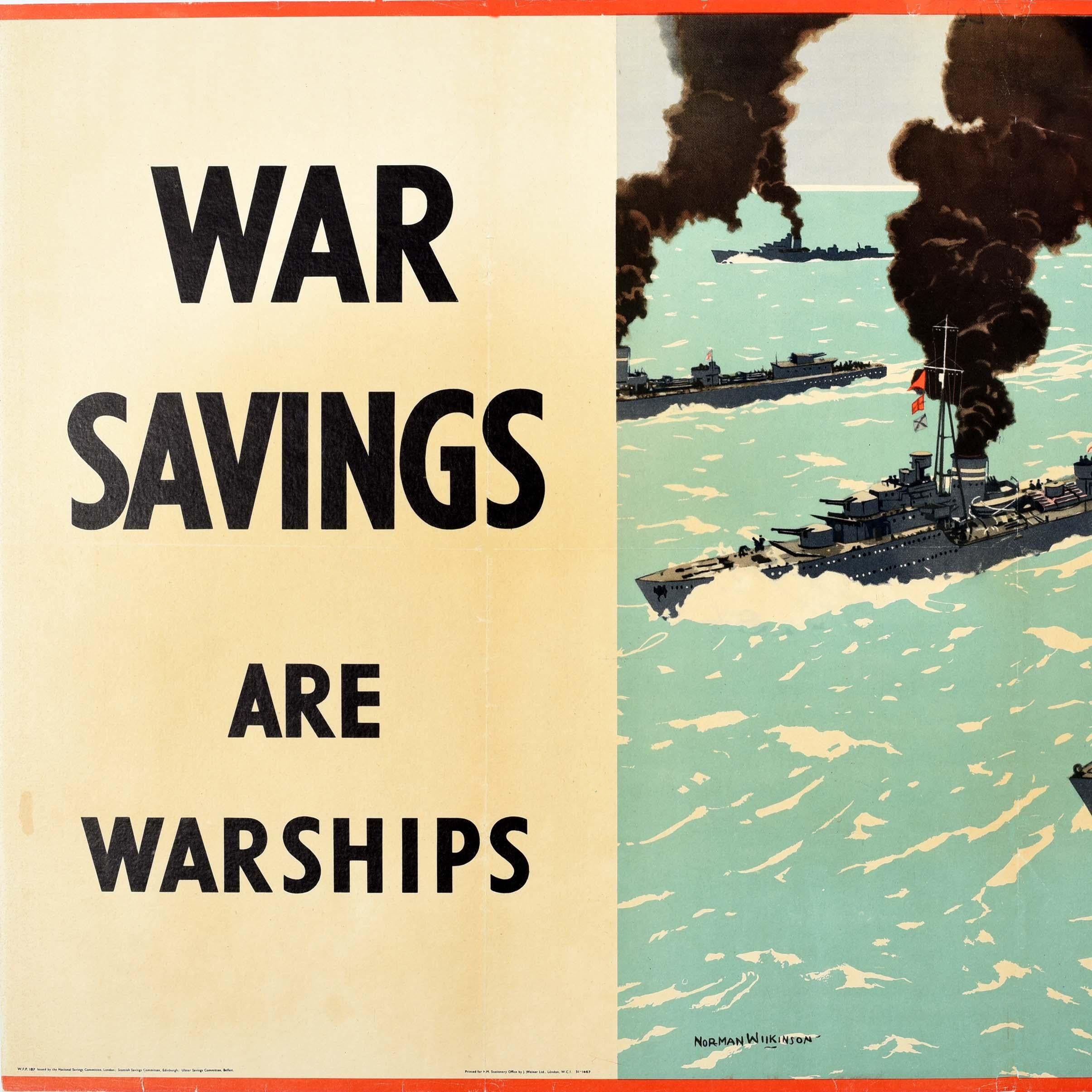 Original Vintage Poster War Savings Are Warships Norman Wilkinson WWII Navy Sea - Beige Print par Norman Wilkinson CBE PRI