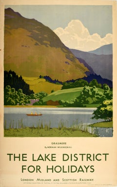 Affiche rétro originale de voyage, Lake District For Holidays, Grasmere, LMS Railway