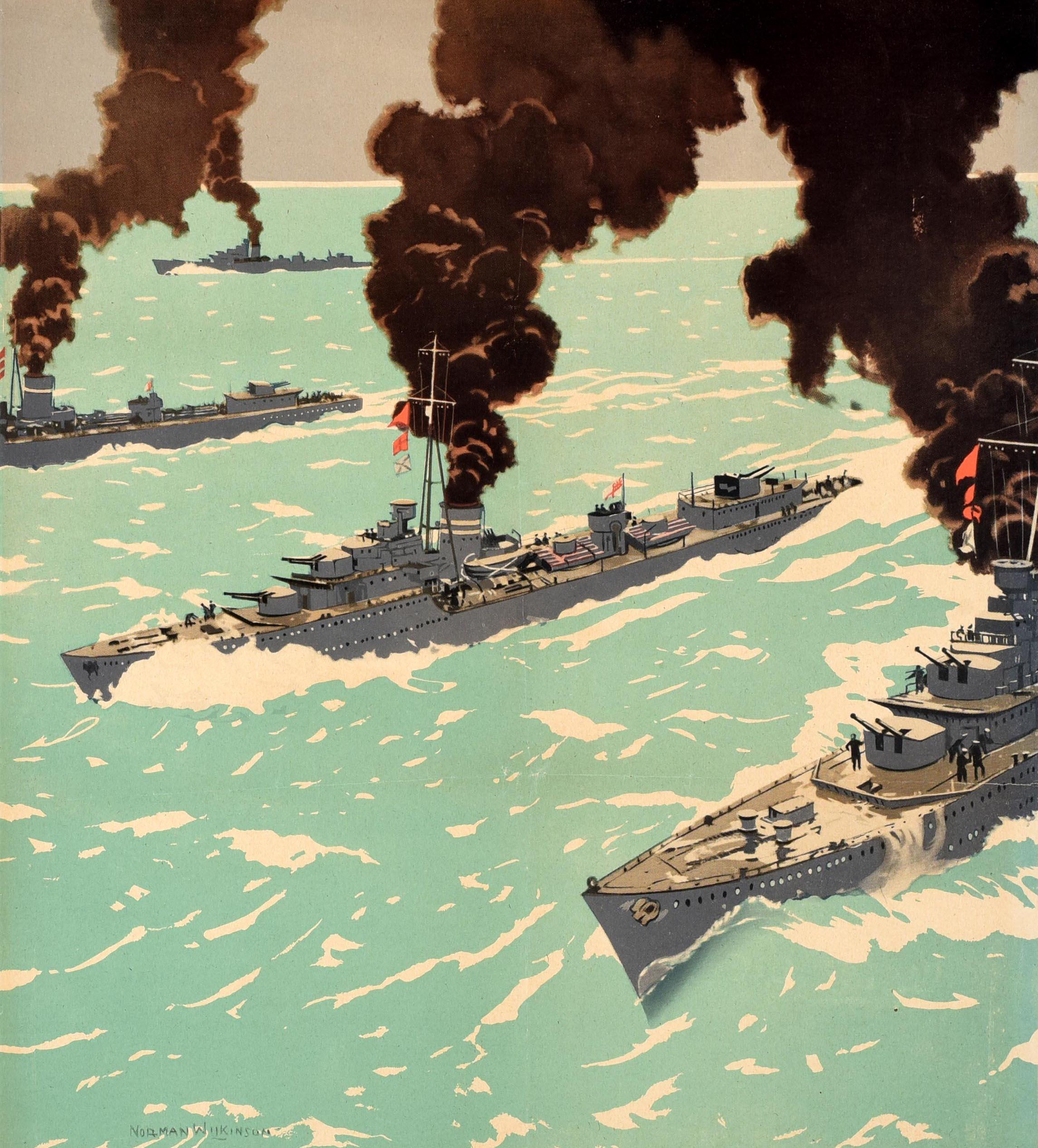 Original Vintage WWII Poster War Savings Are Warships Norman Wilkinson Navy Art - Print by Norman Wilkinson CBE PRI