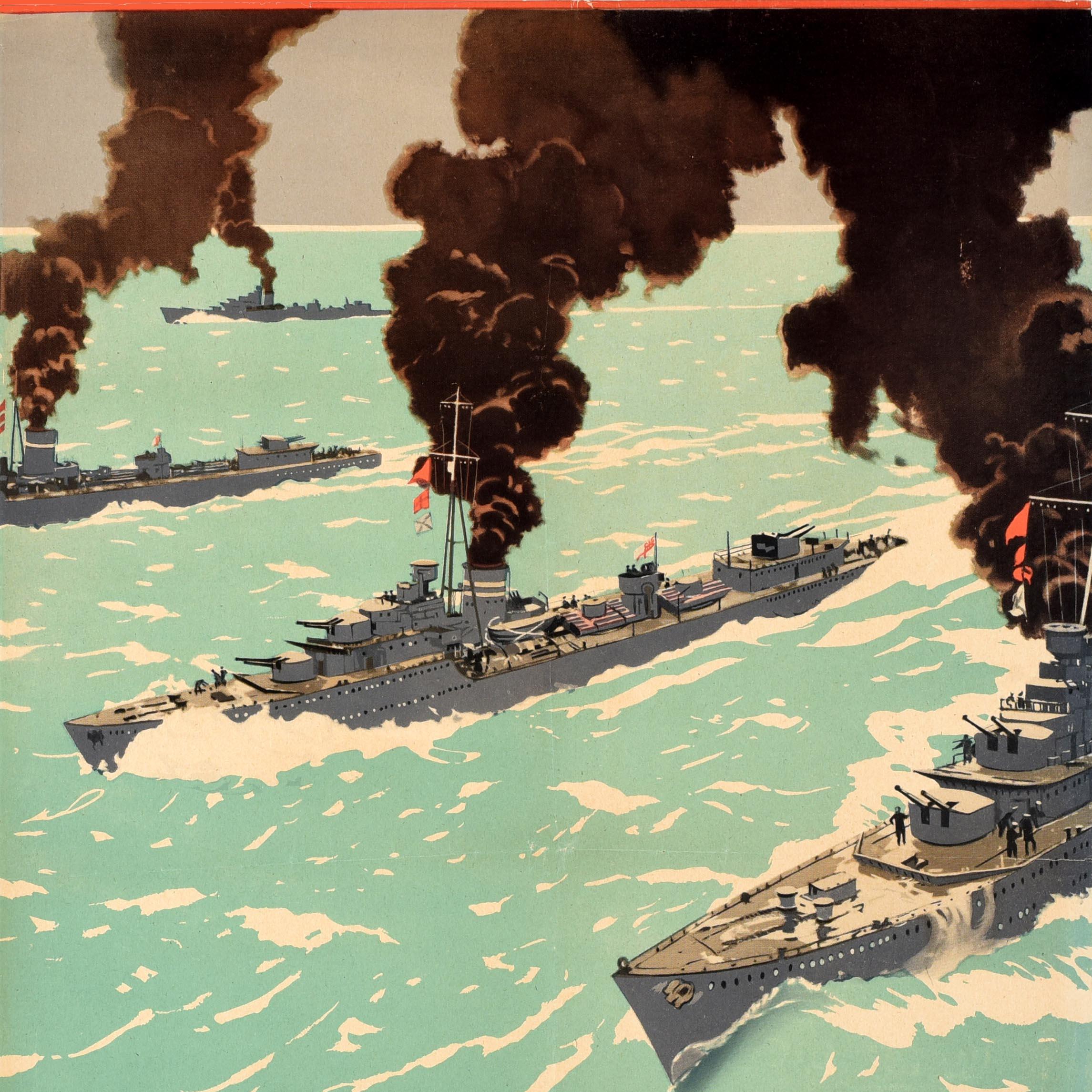 Original Vintage WWII Poster War Savings Are Warships Norman Wilkinson Navy Art - Beige Print par Norman Wilkinson CBE PRI