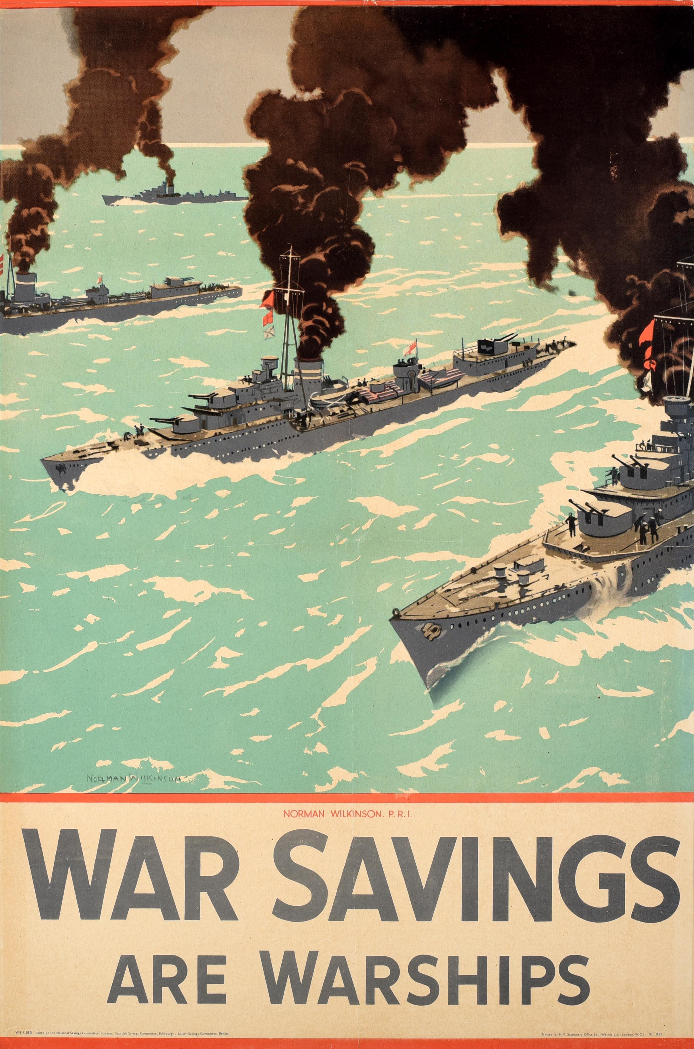 Print Norman Wilkinson CBE PRI - Original Vintage WWII Poster War Savings Are Warships Norman Wilkinson Navy Art