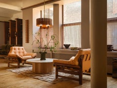 Lawson-Fenning Normandie Cocktail Table, Travertine & Walnut Modern Coffee Table