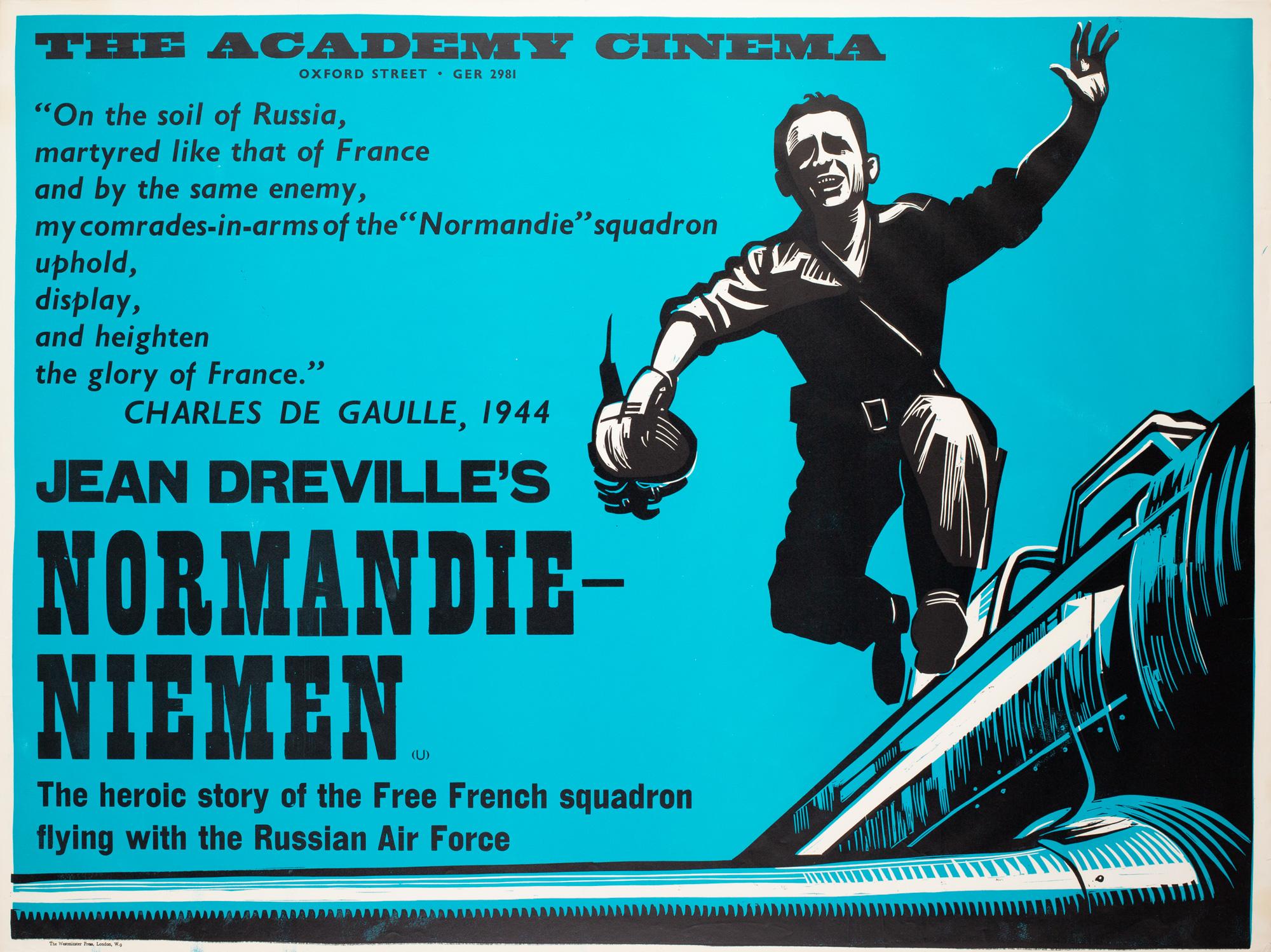 Original Academy Cinema British film poster for 60s war drama Normandie Niemen featuring a wonderful design by Peter Strausfeld.

Cologne born Strausfeld came to England in 1938. Whilst interned on the Isle of Man during the Second World War, he