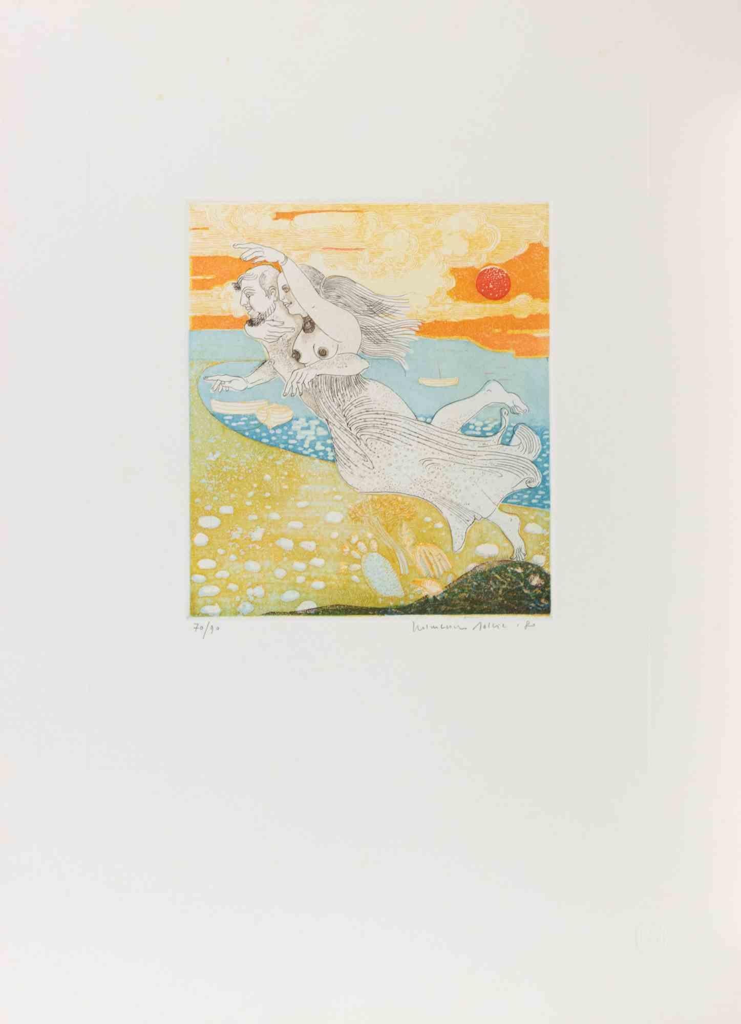 Couple in the Air - Etching by Normanno Soscia - 1980