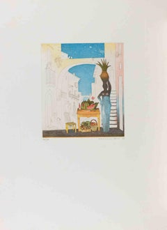 Vasenhalter und Früchte - Radierung von Normanno Soscia - 1980