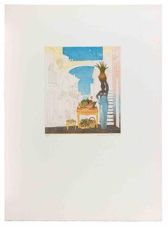 Porte-vase et fruits - Gravure de Normanno Soscia - 1980