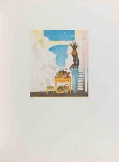 Vase Carrier, and Fruits - Etching by Normanno Soscia - 1980