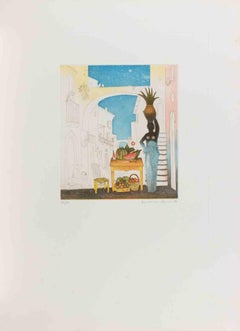 Porte-vase et fruits - Gravure de Normanno Soscia - 1980