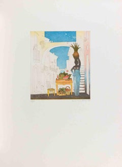Porte-vase et fruits - Gravure de Normanno Soscia - 1980