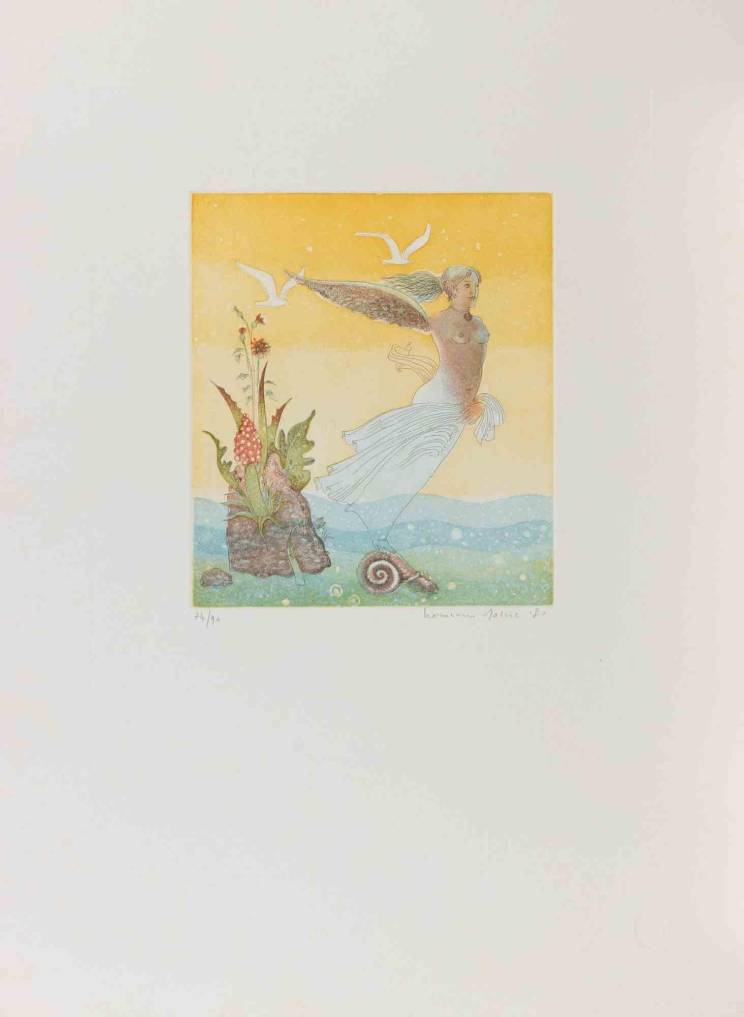 Winged Girl - Etching by Normanno Soscia - 1990s