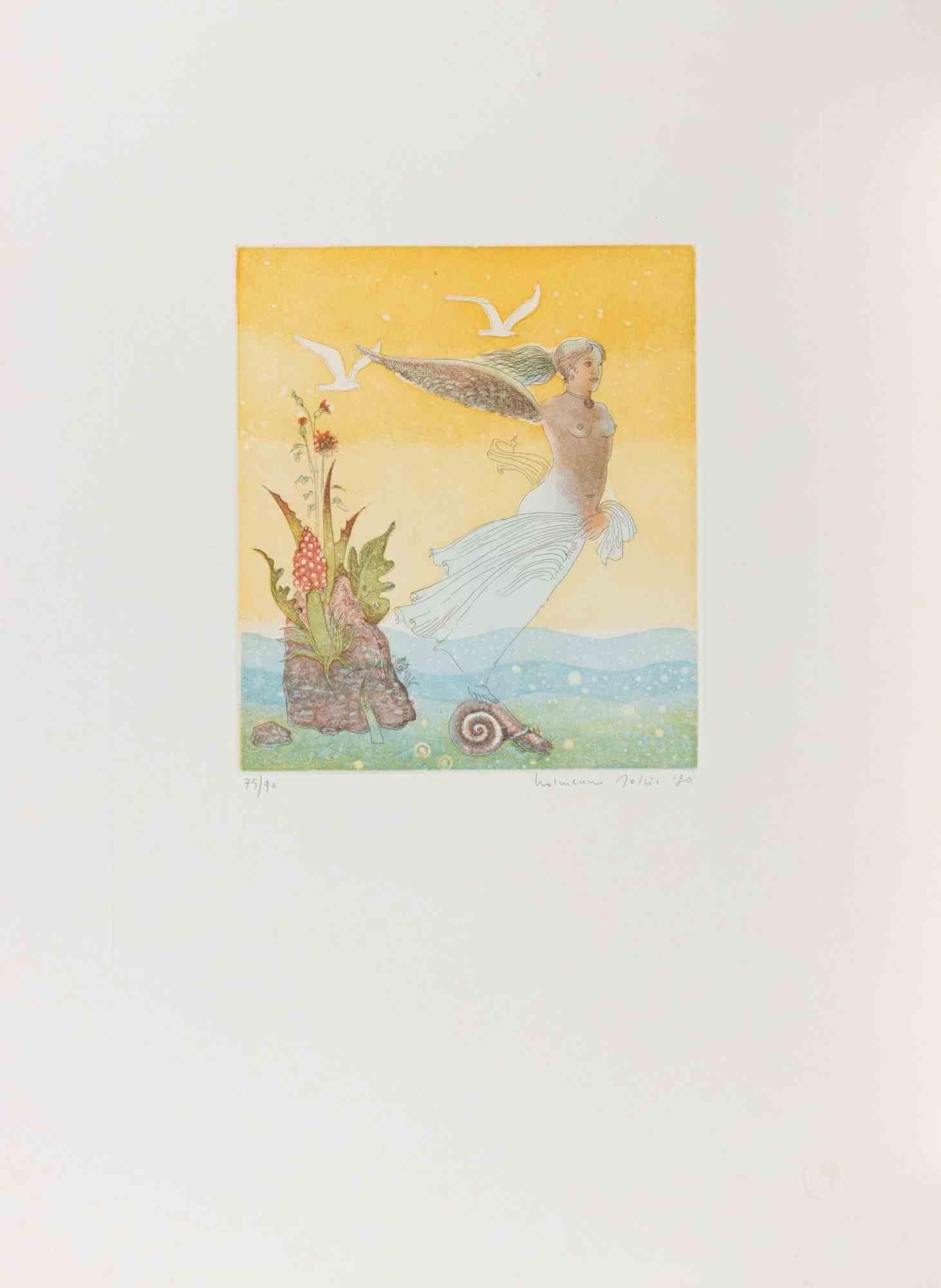 Winged Girl - Etching by Normanno Soscia - 1990s
