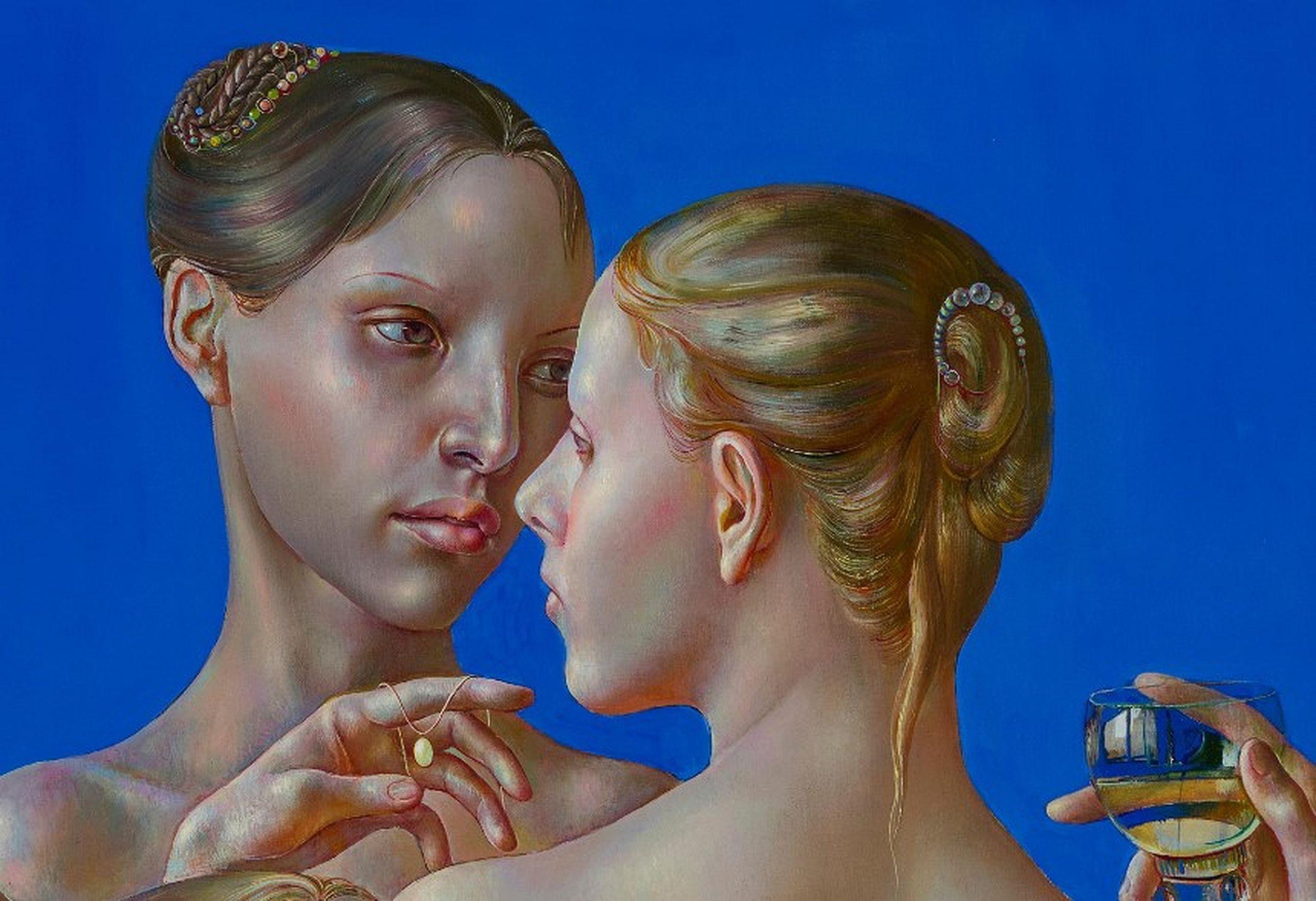 Mädchen und Weinreben. 2021. Öl auf Leinwand, 82x79 cm, Öl (Violett), Nude Painting, von Normunds Braslinsh