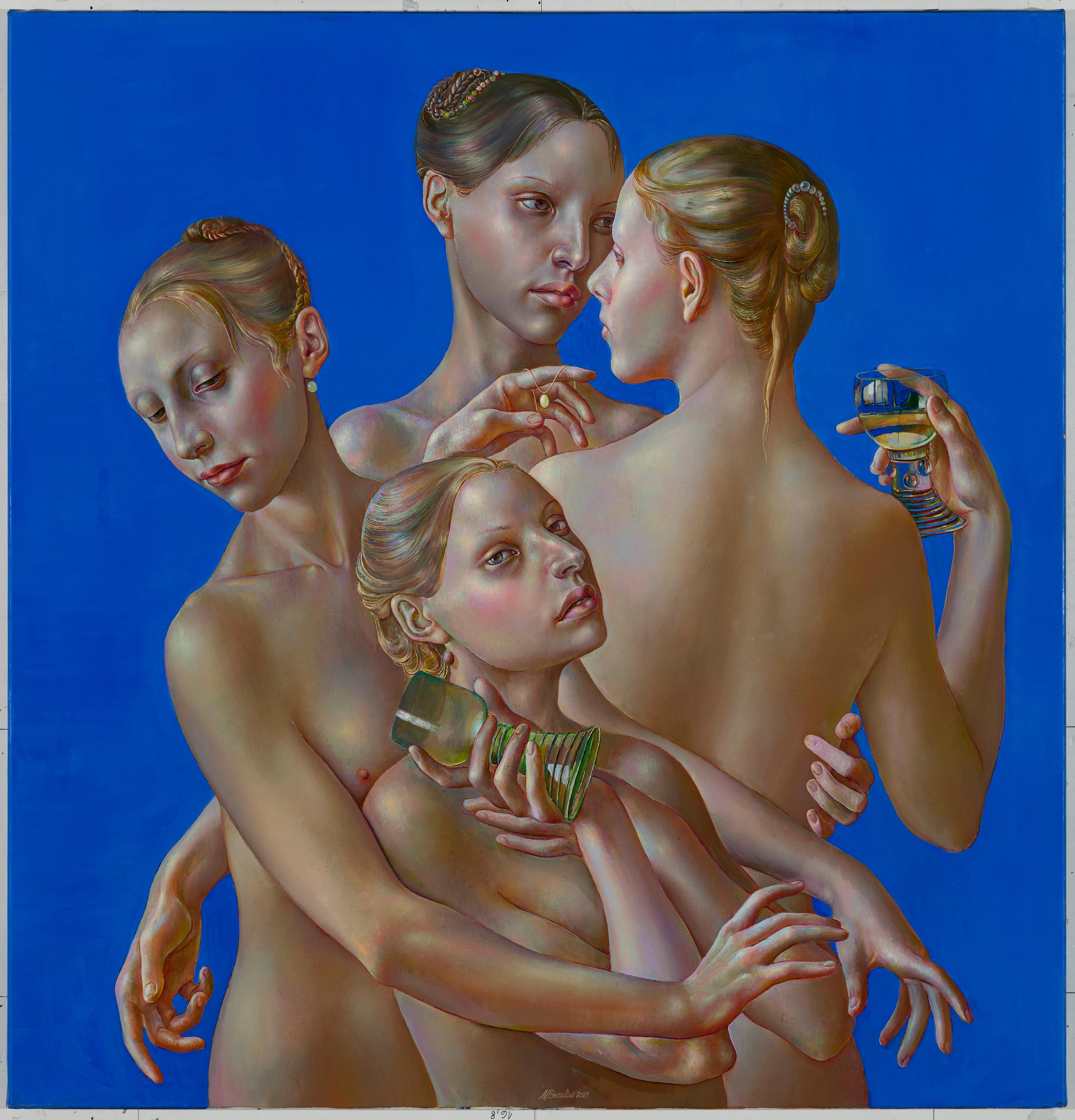 Normunds Braslinsh Nude Painting – Mädchen und Weinreben. 2021. Öl auf Leinwand, 82x79 cm, Öl