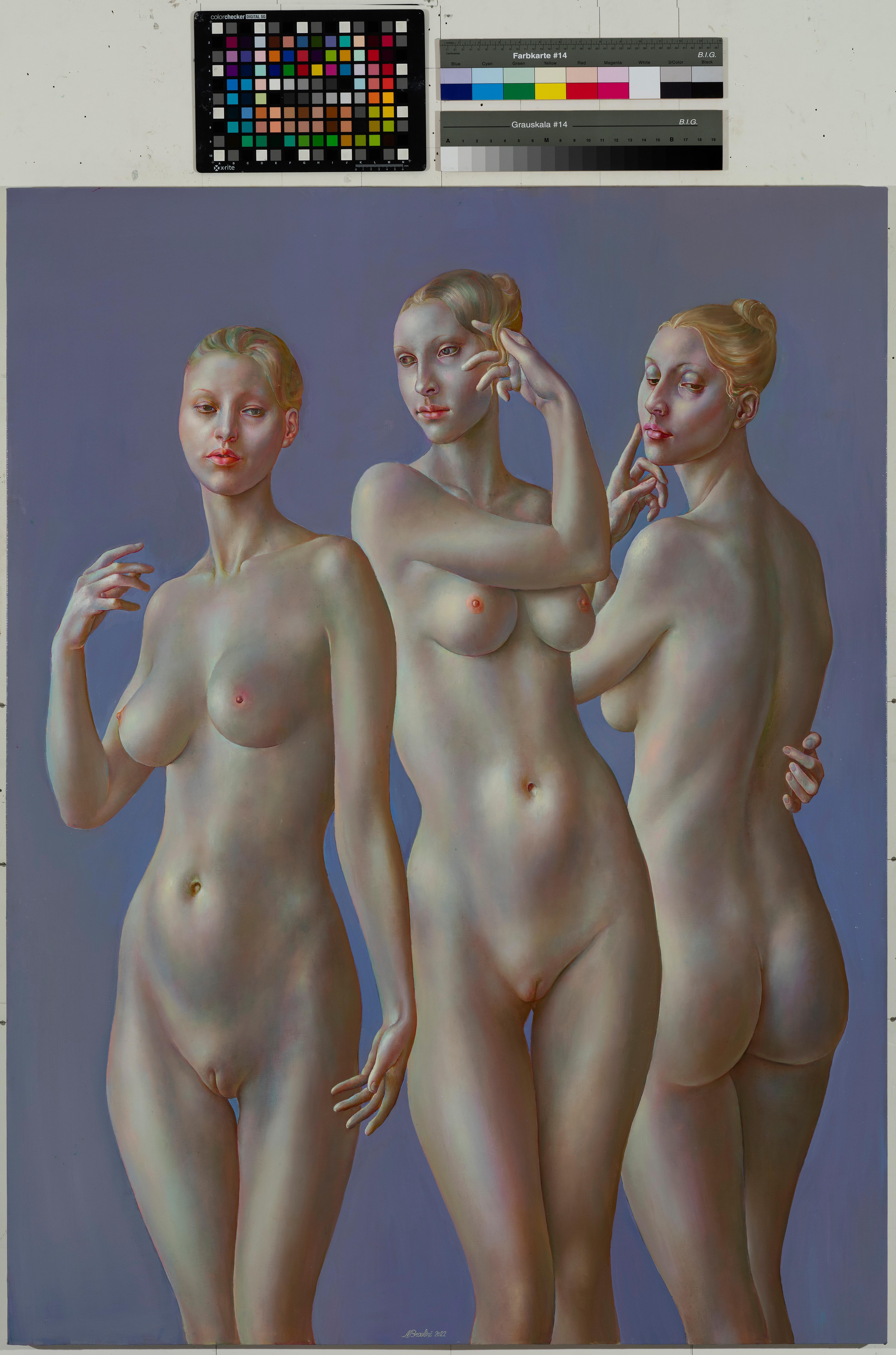 Die drei Gnseblmchen. 2022. l auf Leinwand, 146x110 cm – Painting von Normunds Braslinsh