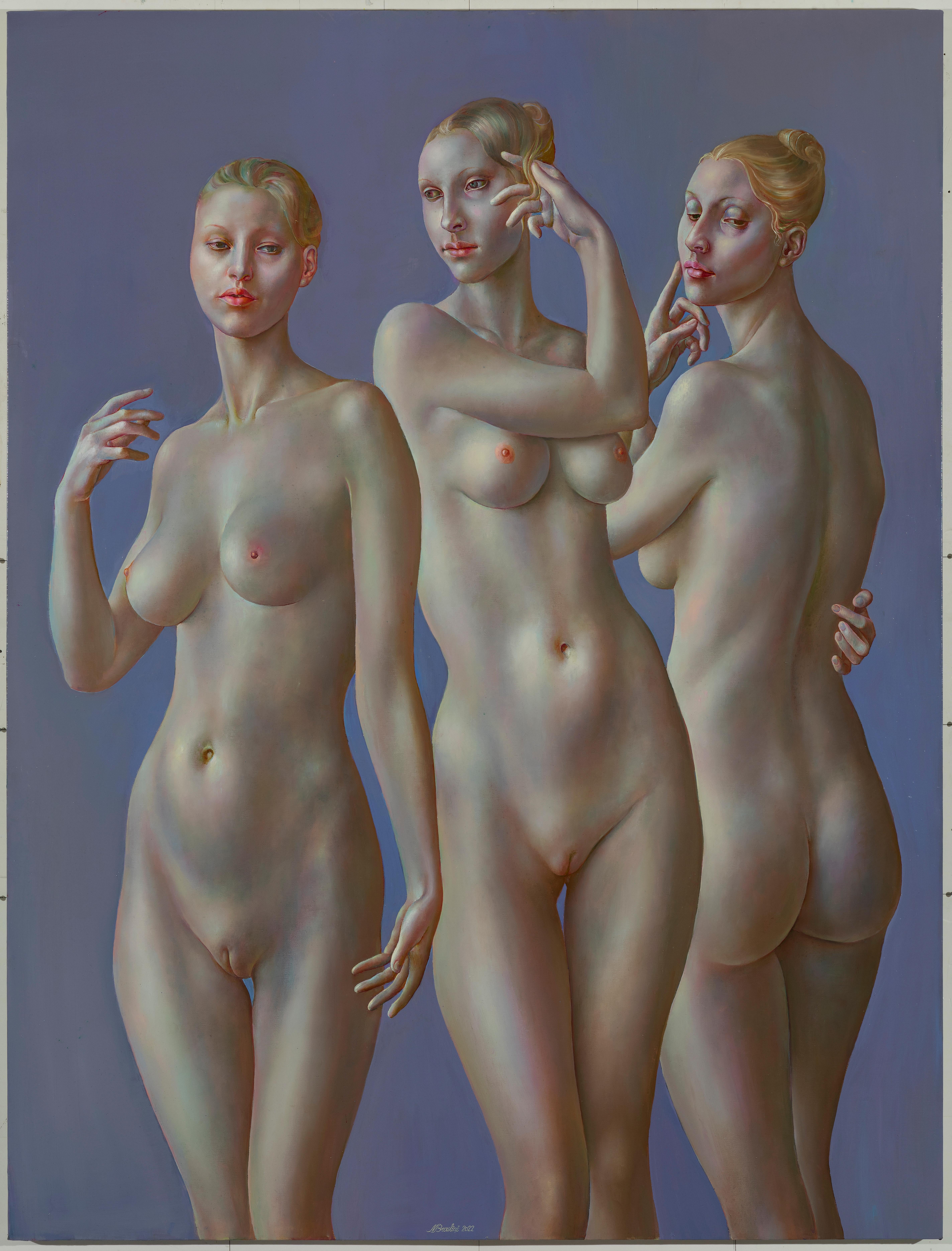 Normunds Braslinsh Figurative Painting – Die drei Gnseblmchen. 2022. l auf Leinwand, 146x110 cm