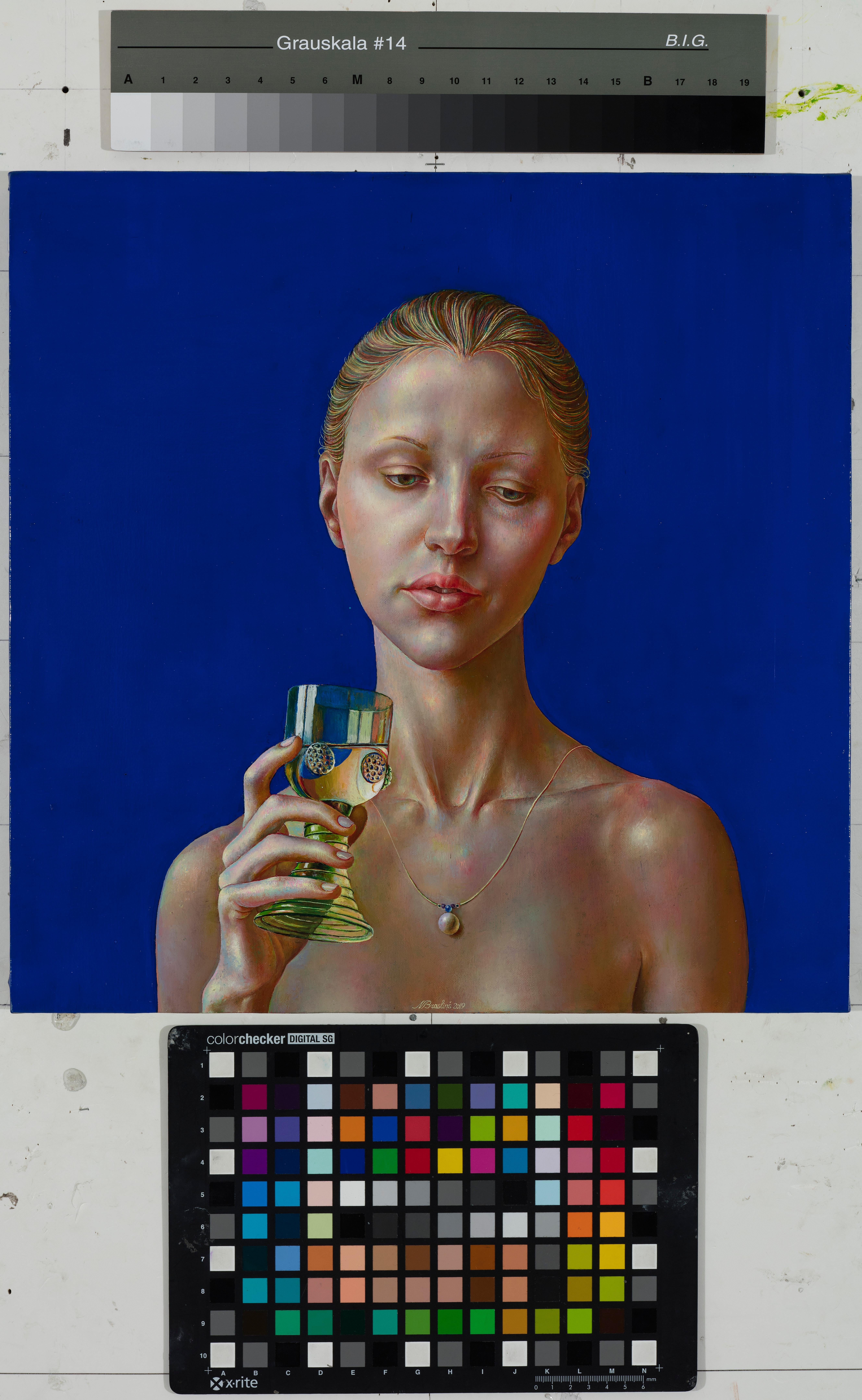 Woman with a glass.2019. Oil on canvas, 45x45 cm - Realist Painting by Normunds Braslinsh