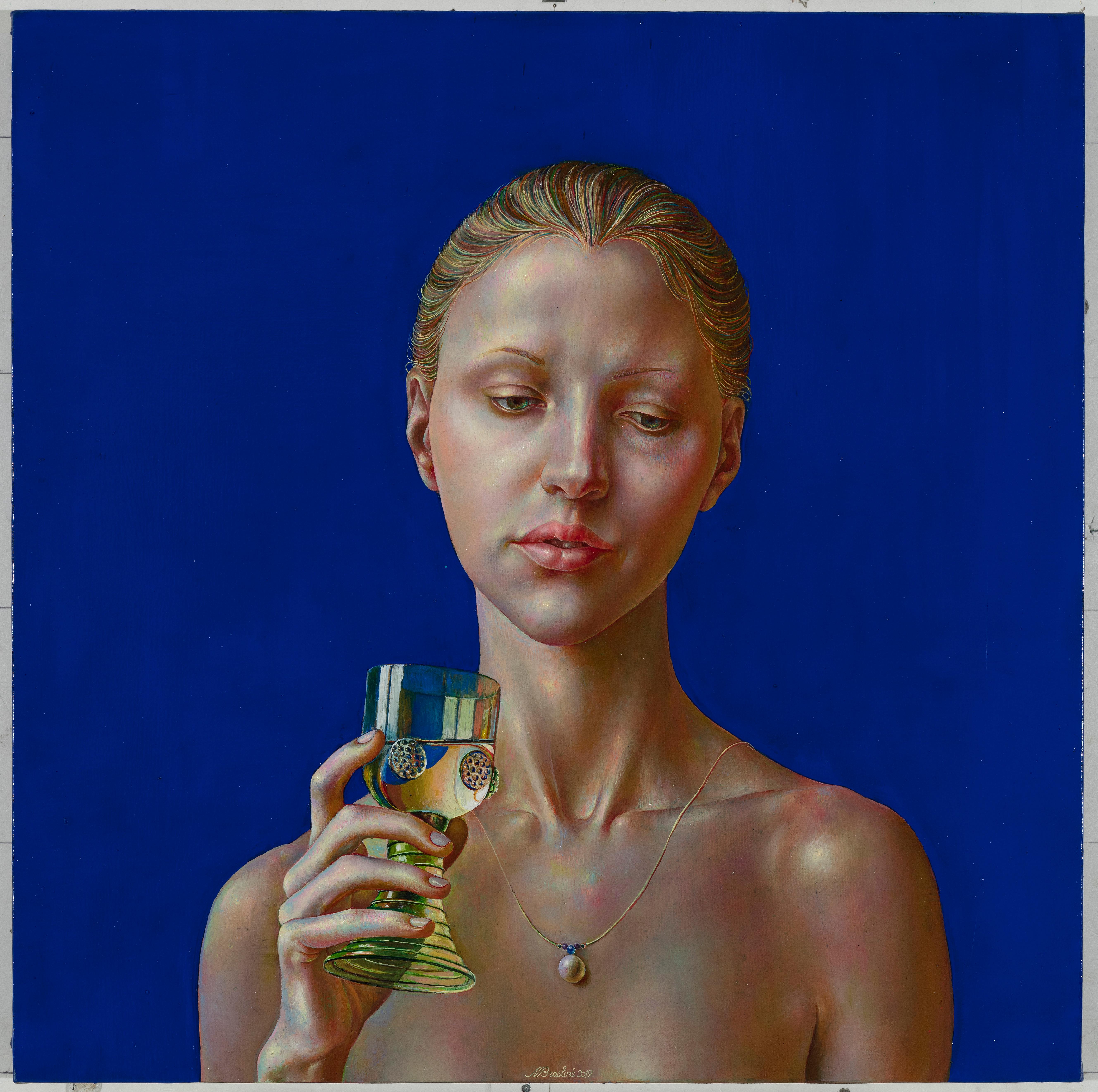 Normunds Braslinsh Nude Painting - Woman with a glass.2019. Oil on canvas, 45x45 cm