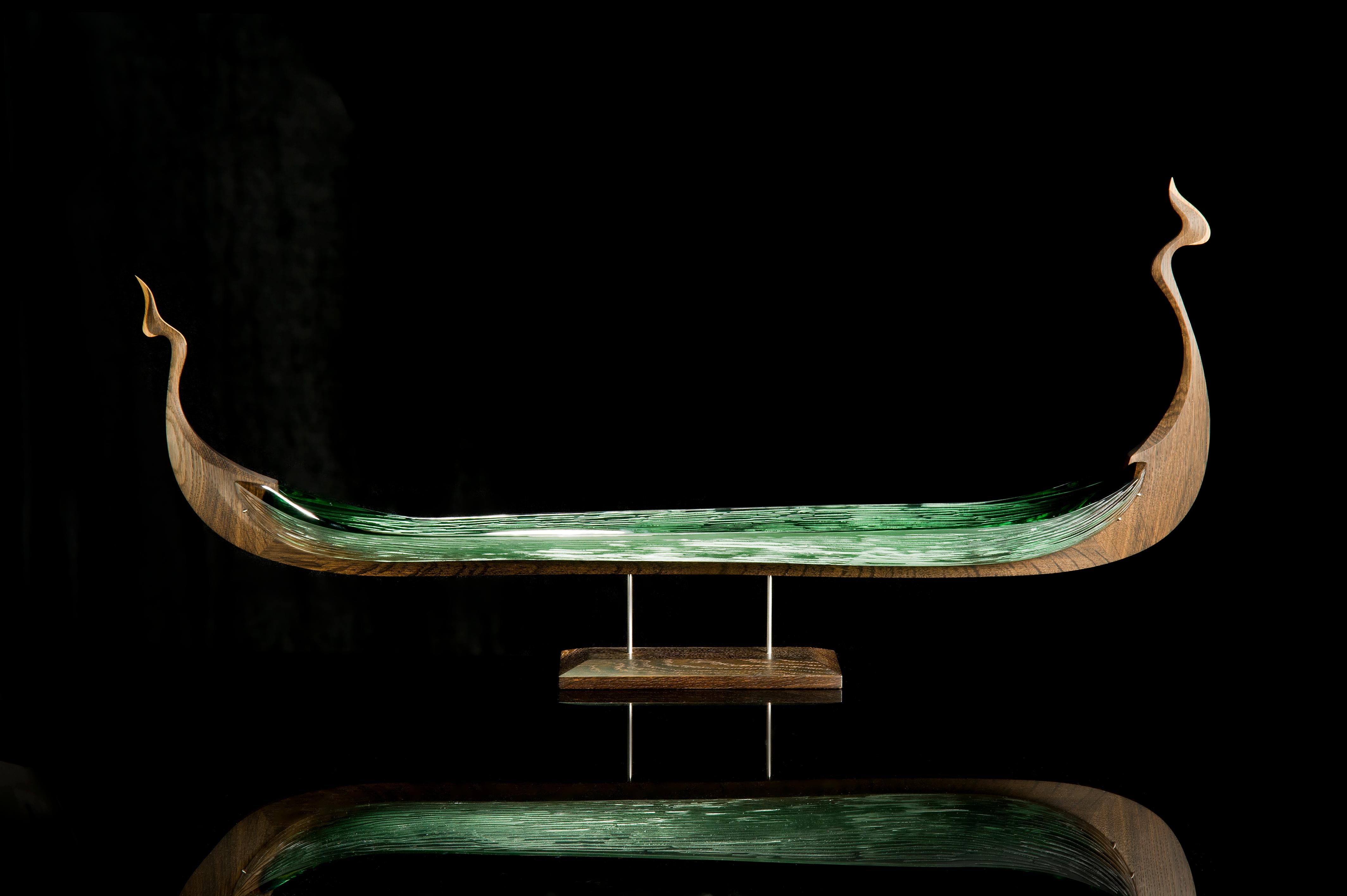 Nornegæst, a Green Glass & Oak Unique Sculpture by Backhaus & Brown and Egeværk 2
