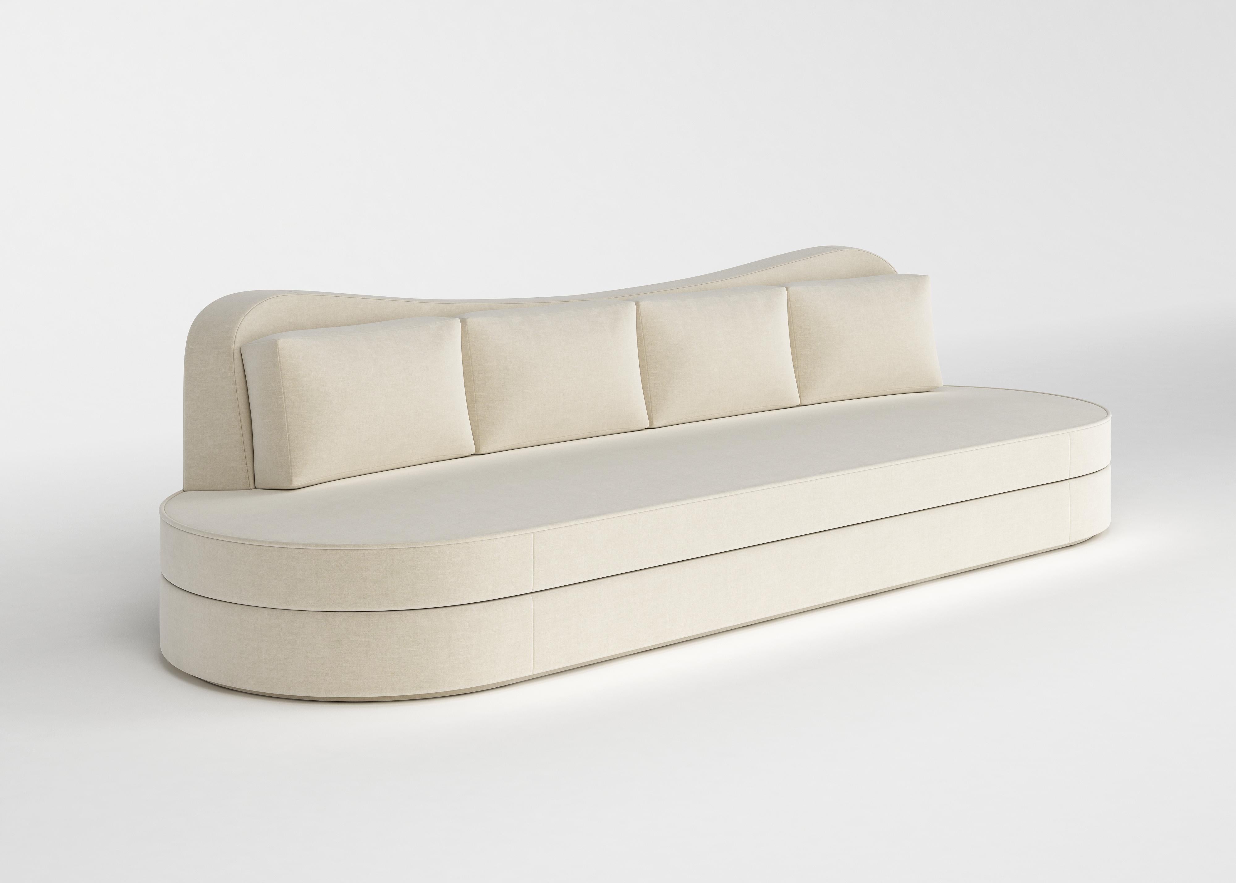 Handmade in France

Numbered Edition

Dimensions: 
L. 340 cm x D. 110 cm x H. 88,5 cm
L. 133,9 in x D. 43.3 in x H. 34,8 in

Fabrics : 

Alpaga Velvet – John Hutton – JHT-40 116 – Barley (white color)
Alpaga Velvet – John Hutton – JHT-40