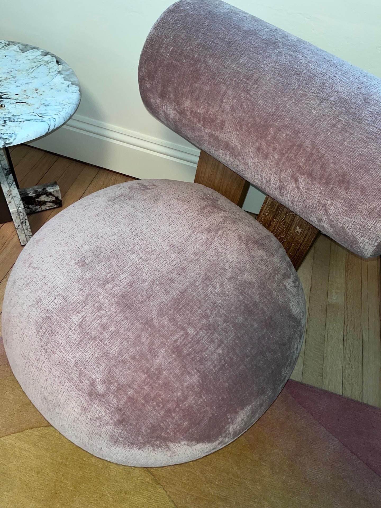 Hippo Lounge chair.
Oak frame
upholstered in MUMBLE 013 cat 13

Dimensions: W 28 in  D 33.5 in  H 28.9 in  SH 16.5 in 
SD 24.8 in  Back Upholstery Ø 11.8 in