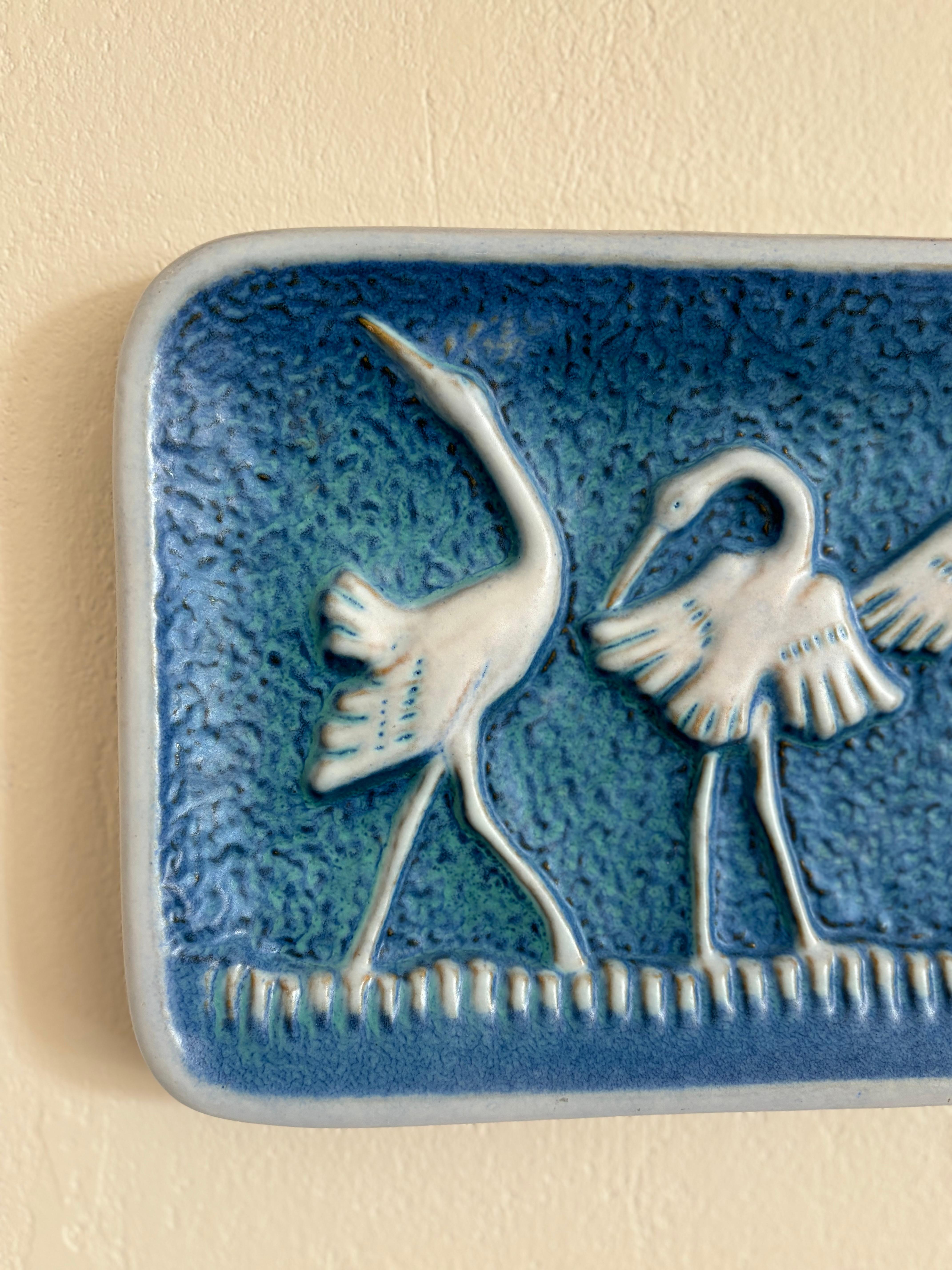 Swedish Norrman Motala Blue Crane Ceramic Wall Plaque, 1960s For Sale