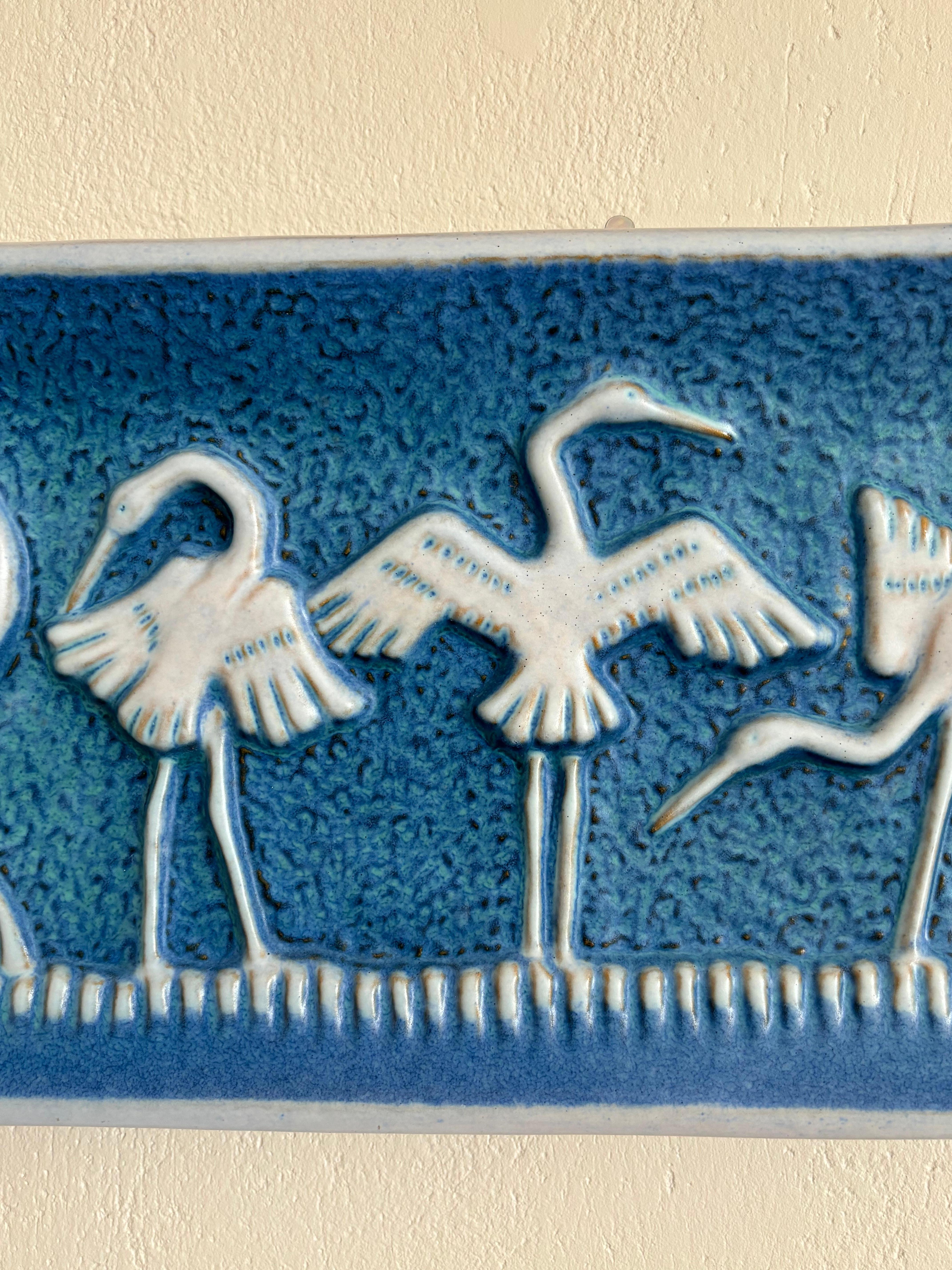 Glazed Norrman Motala Blue Crane Ceramic Wall Plaque, 1960s For Sale