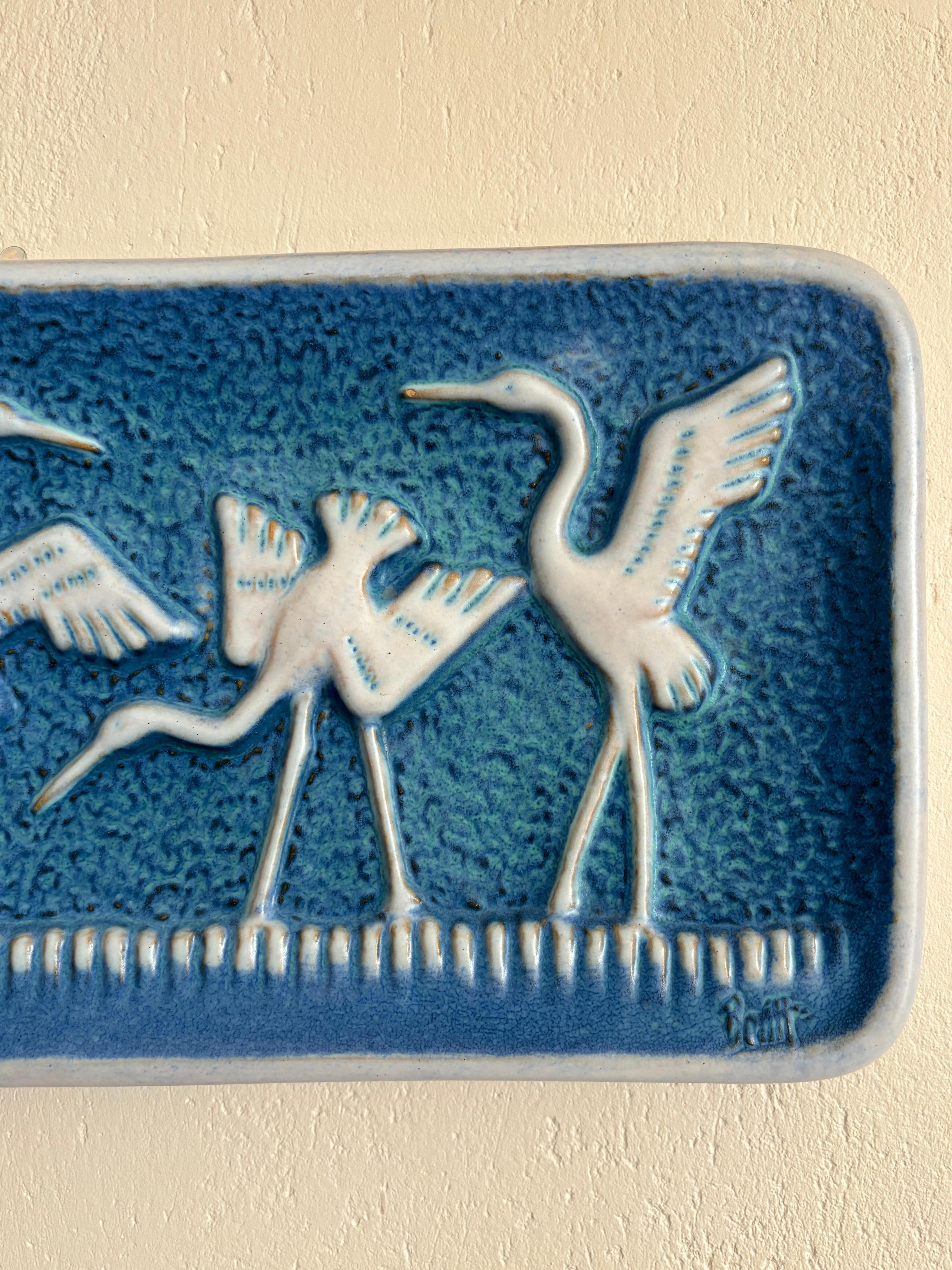 Norrman Motala Blue Crane Ceramic Wall Plaque, 1960s In Good Condition For Sale In Copenhagen, DK