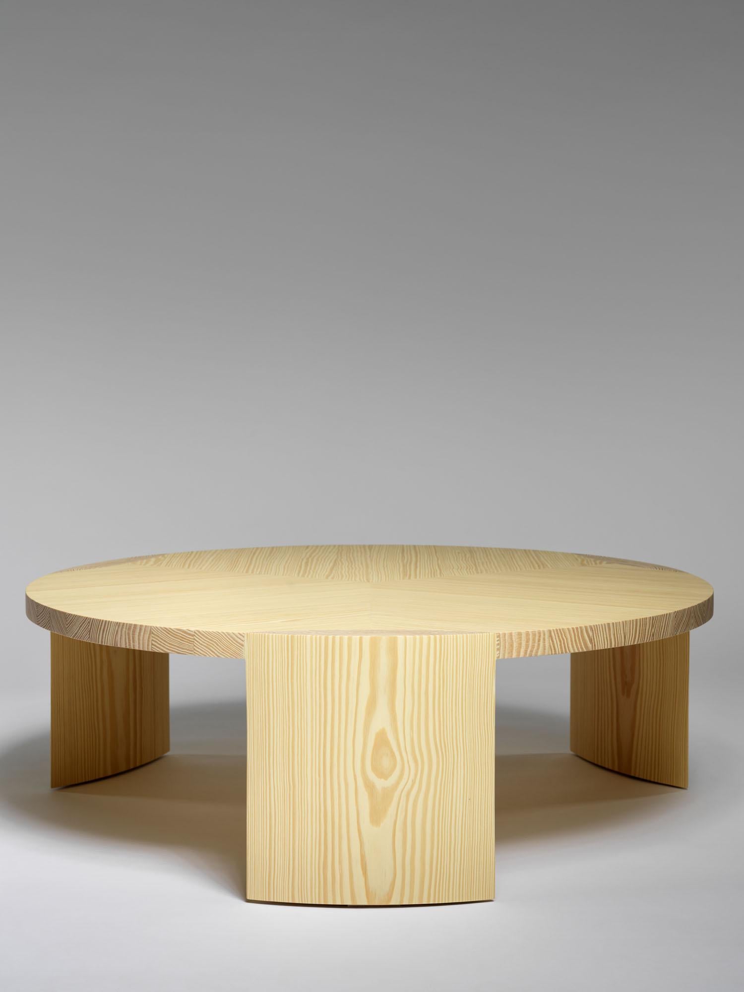 Nort coffee table by Tim Vranken
Materials: Yellow pine
Dimensions: D 90 x H 30 cm

Tim Vranken is a Belgian furniture designer who focuses on solid, handmade furniture. Throughout his designs the use of pure materials and honest natural