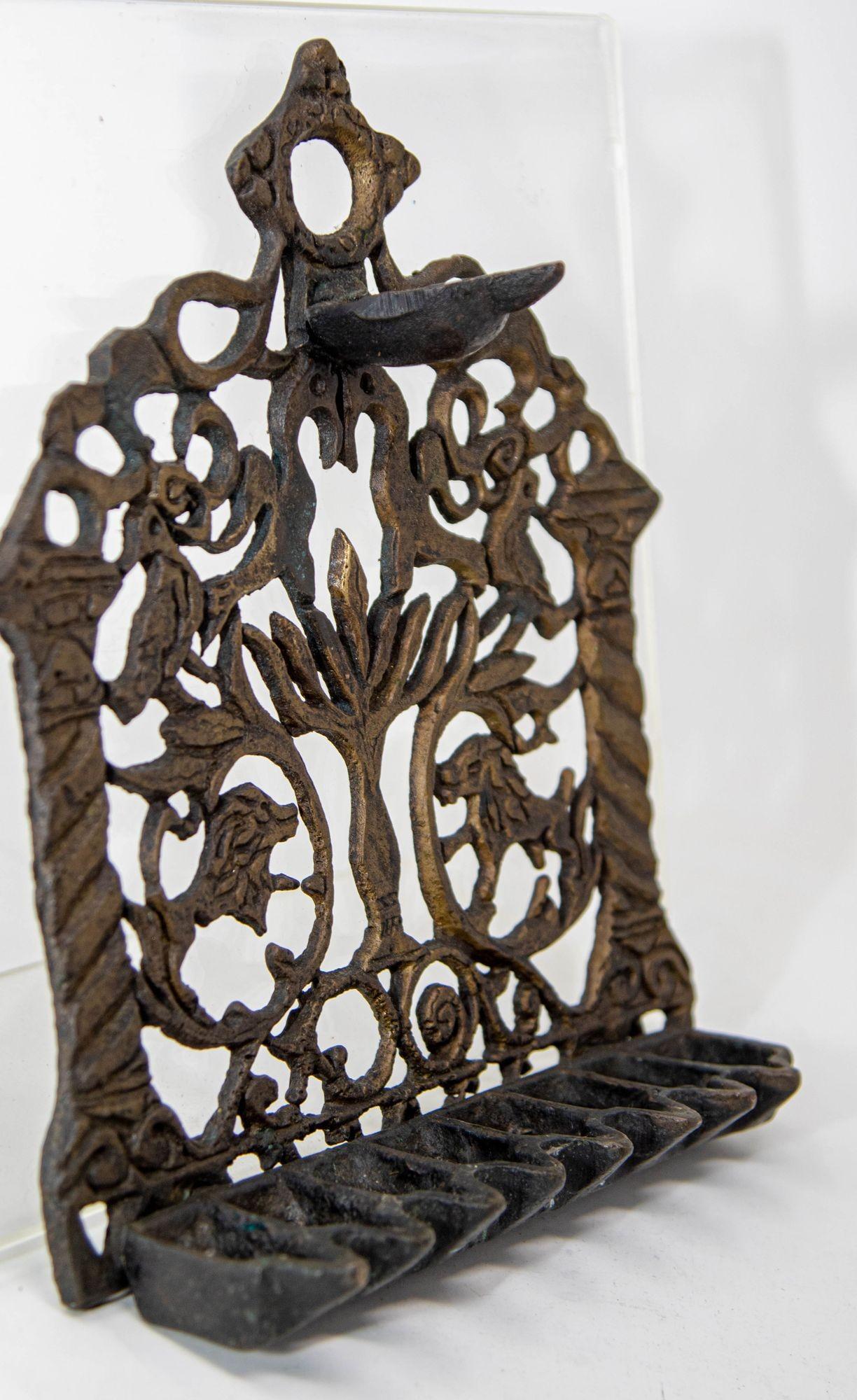 North-African Brass Hanukkah Lamp Menorah Oil Lamp Judaica Morocco 19th C. For Sale 3
